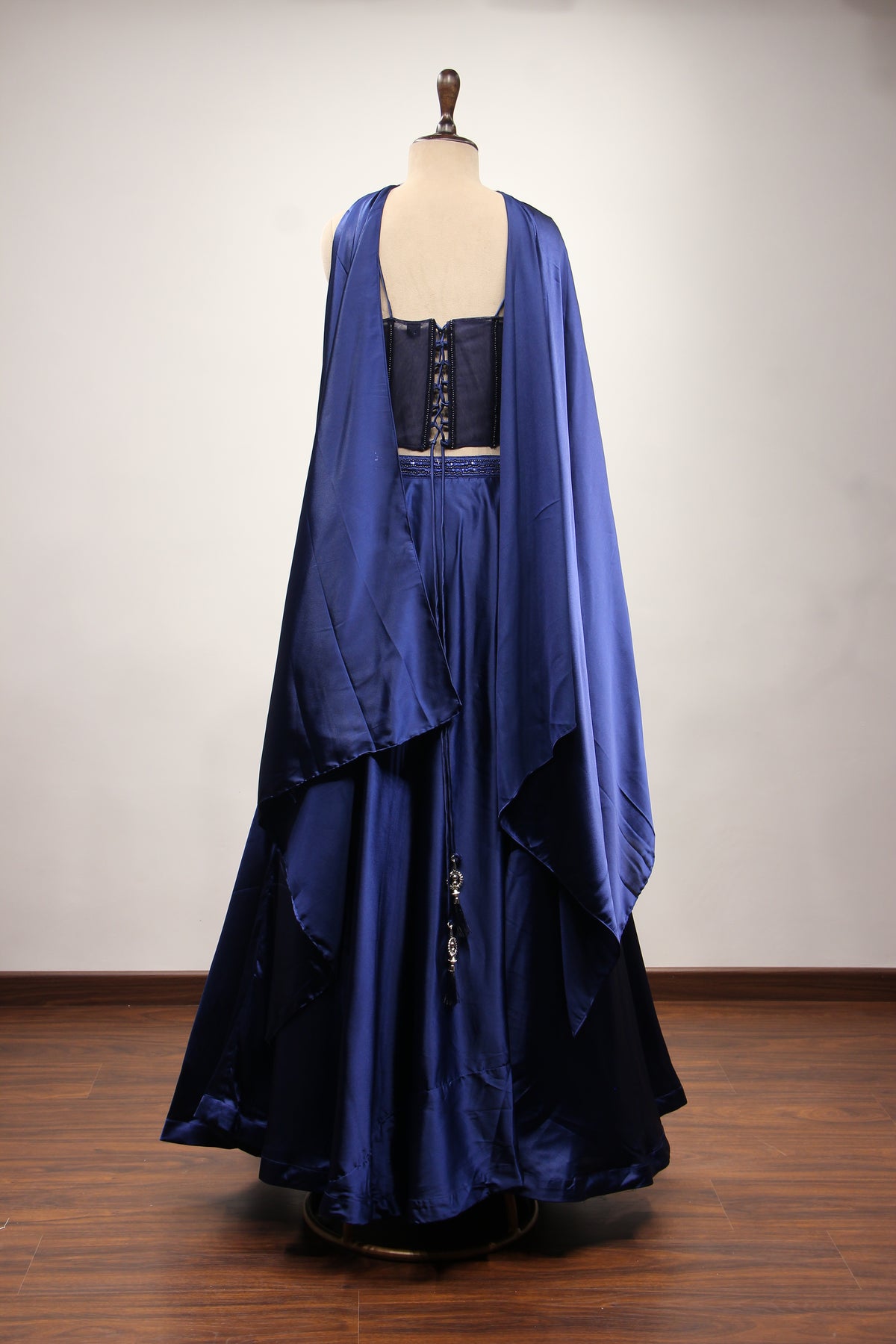 Navy Blue Imported Lehenga with Stone & Bead Handwork Net Corset – back view