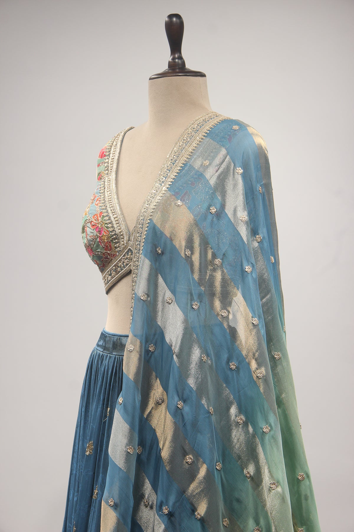Peacock Crepe Lehenga with Printed & Hand Embroidery Crop Top