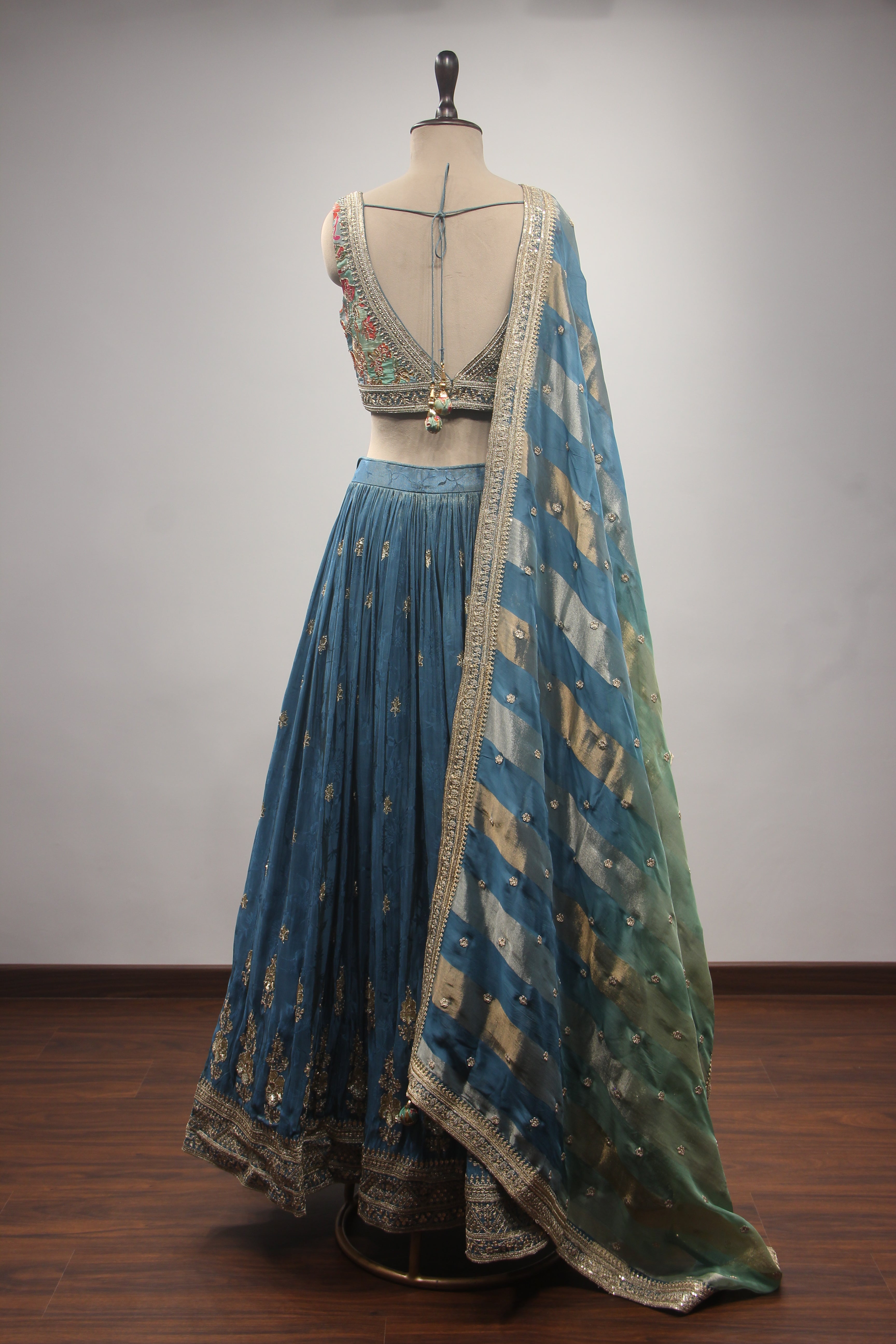 Peacock Crepe Lehenga with Printed & Hand Embroidery Crop Top