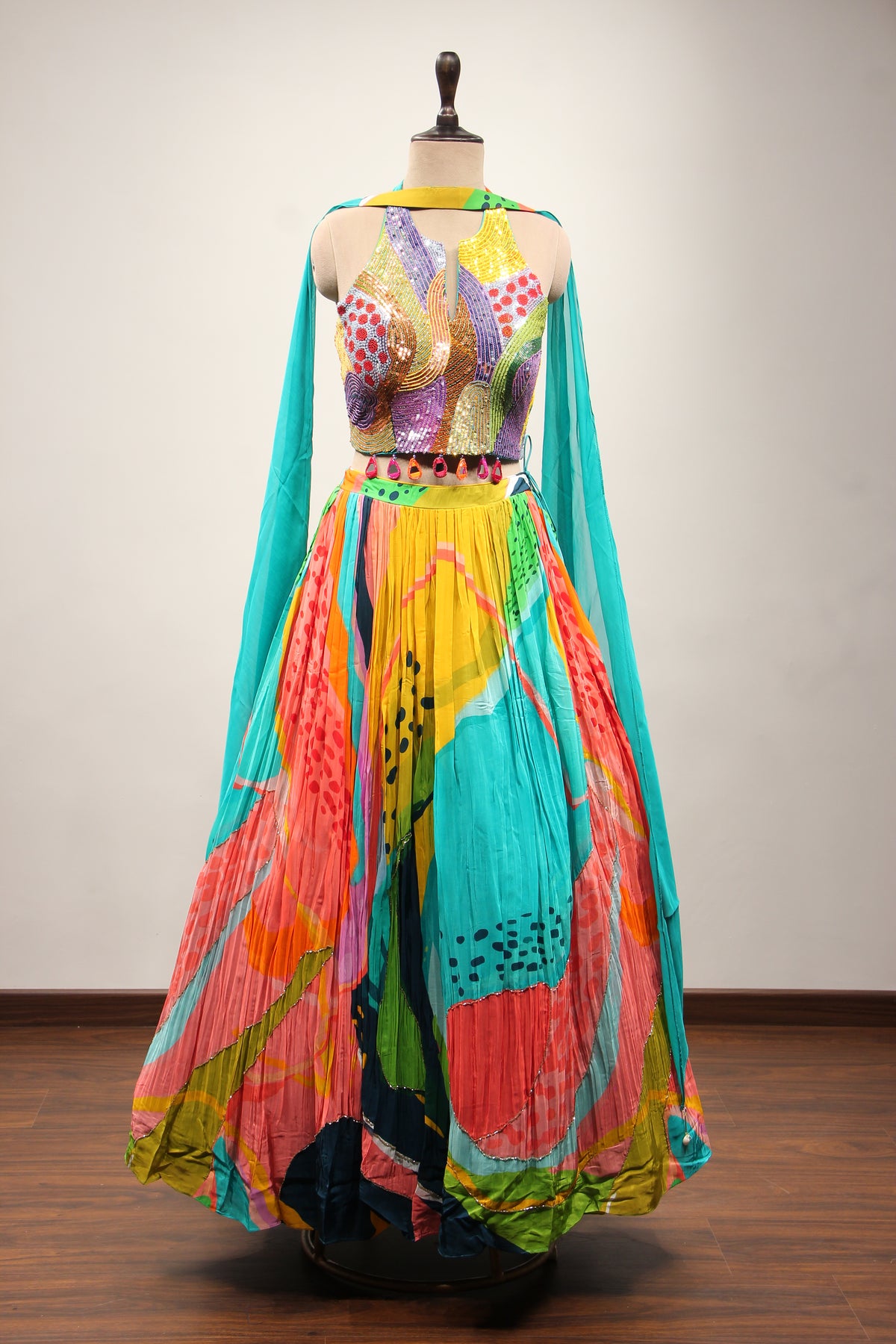 Multicolor Printed Crepe Halter Lehenga with Sequin & Bead Handwork – front view