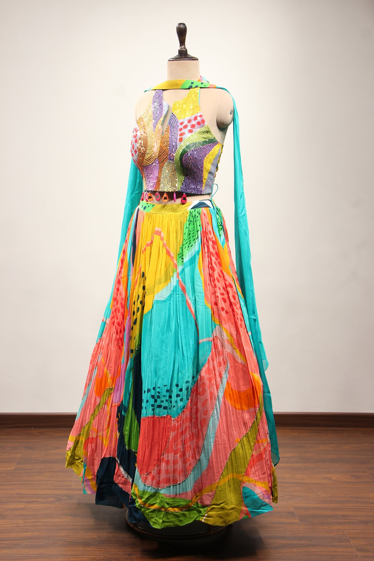 Multicolor Printed Crepe Halter Lehenga with Sequin & Bead Handwork – side view