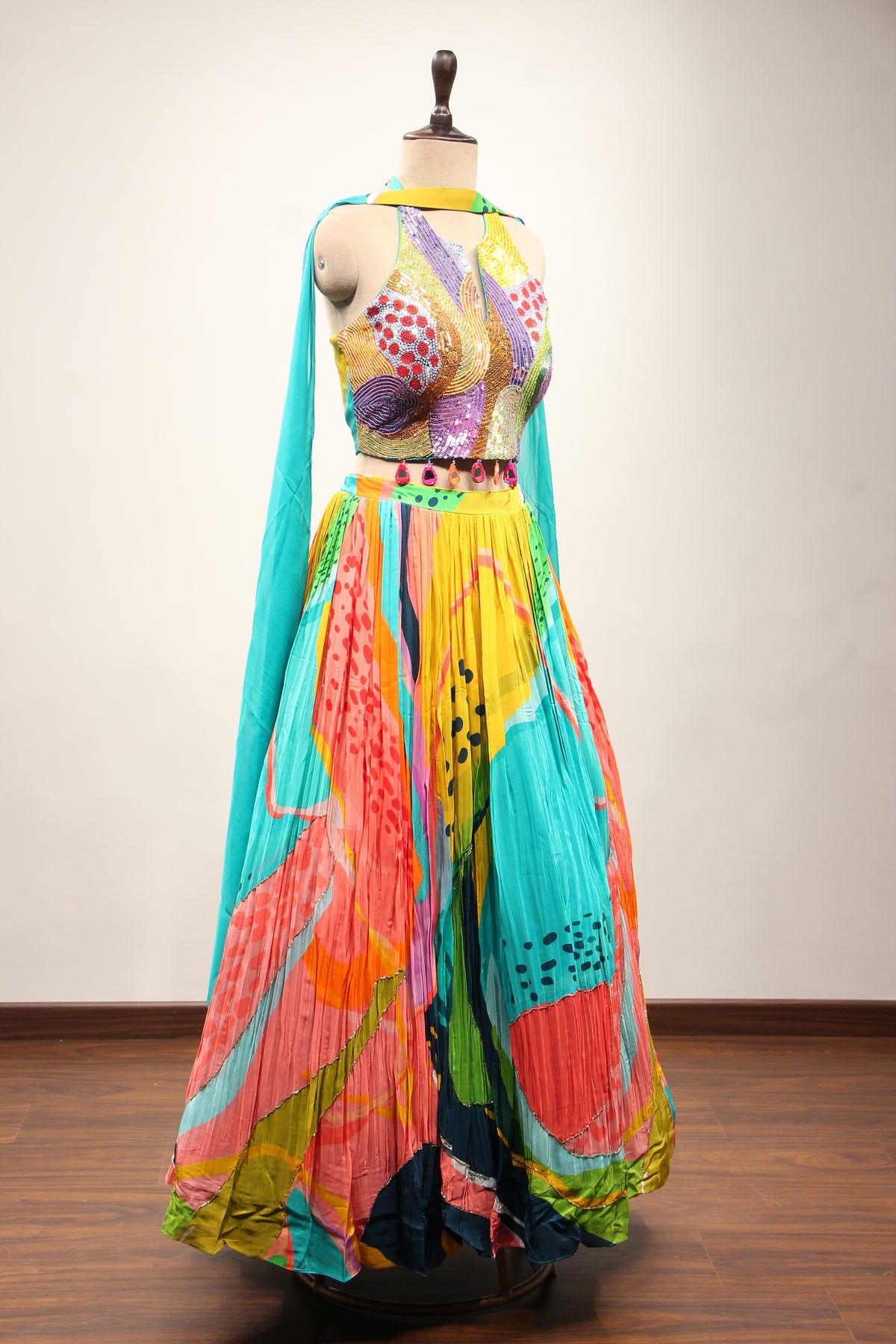 Multicolor Printed Crepe Halter Lehenga with Sequin & Bead Handwork – other side view