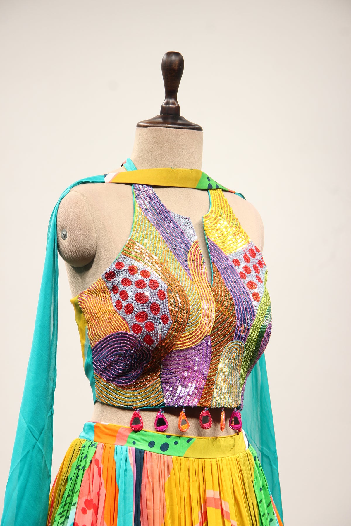 Multicolor Printed Crepe Halter Lehenga with Sequin & Bead Handwork – other side close-up