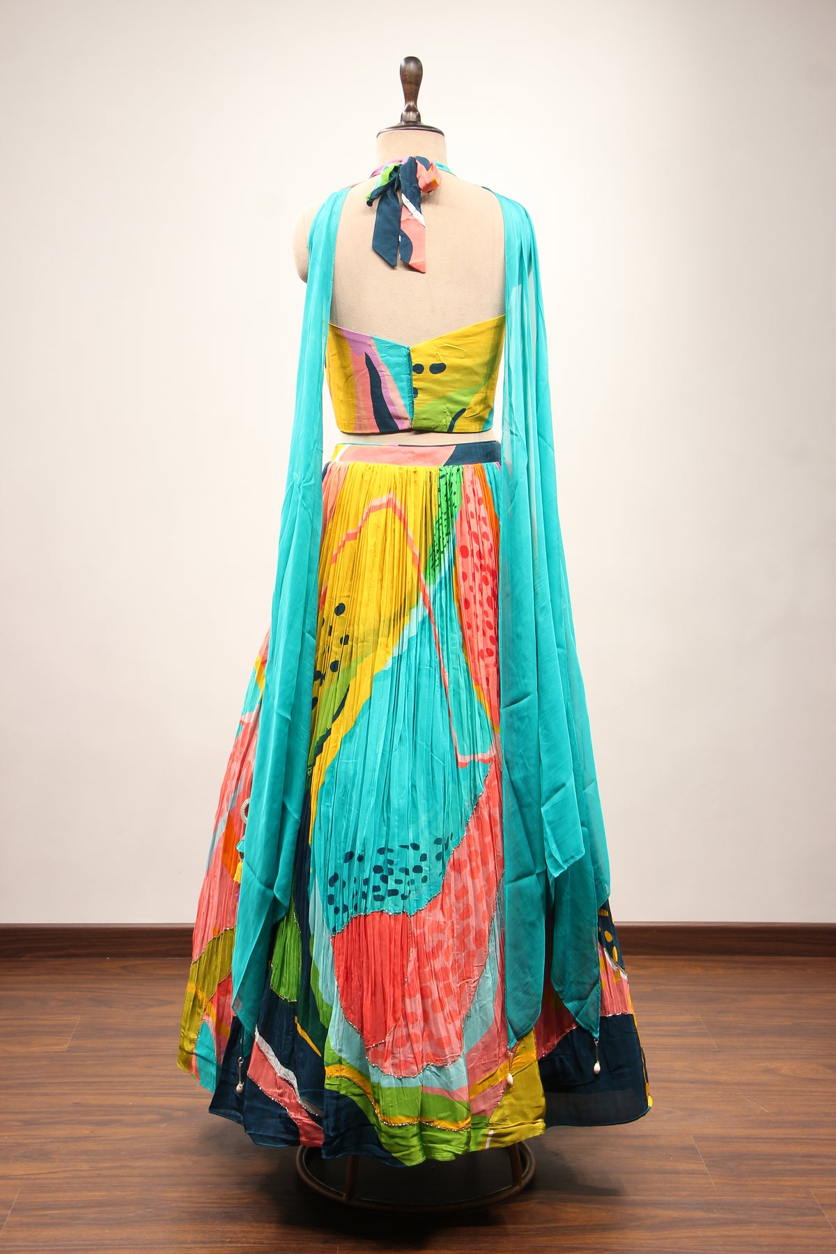 Multicolor Printed Crepe Halter Lehenga with Sequin & Bead Handwork – back view