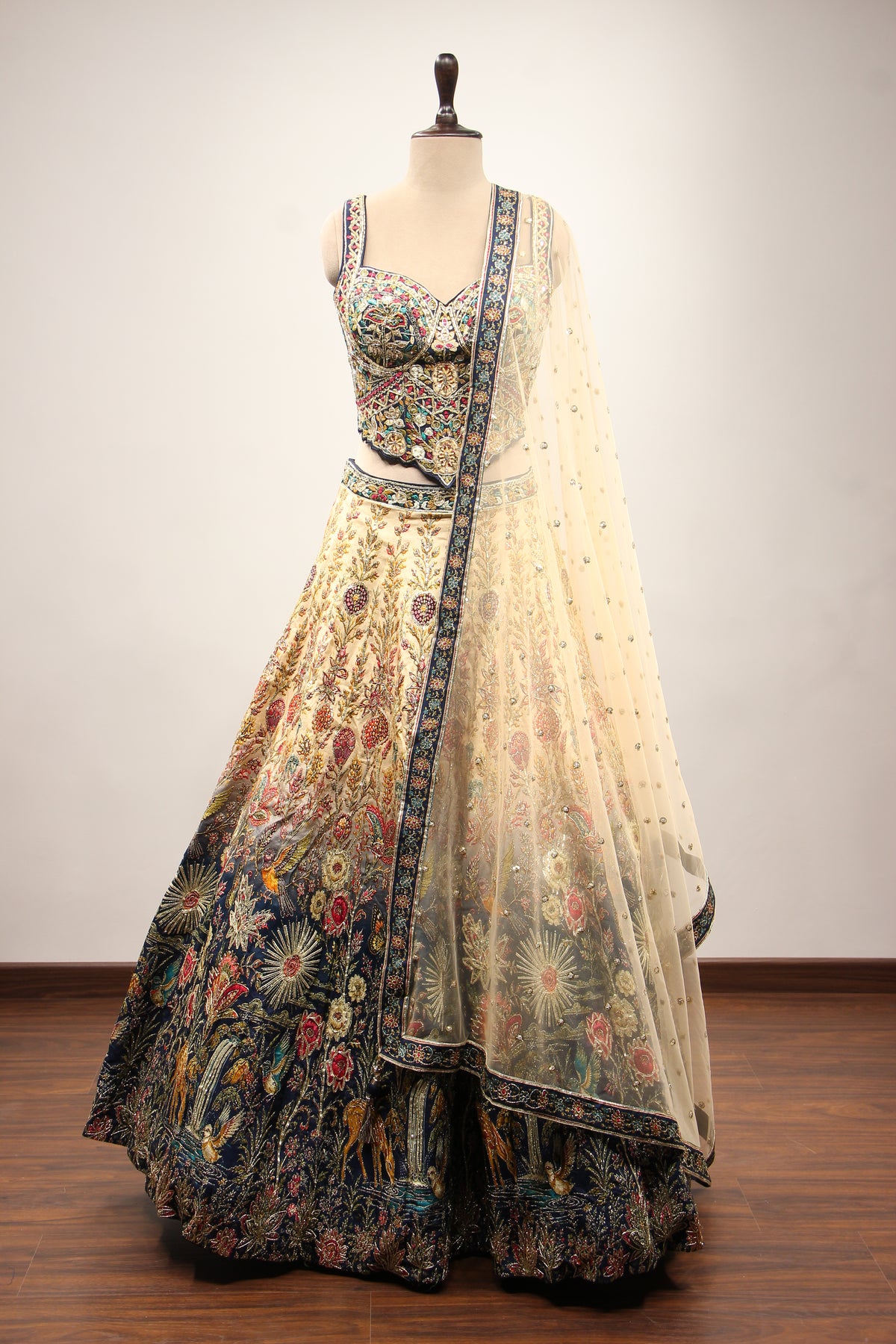 Ivory Ombre Dupion Corset Lehenga with Printed & Gota Patti Handwork – front view