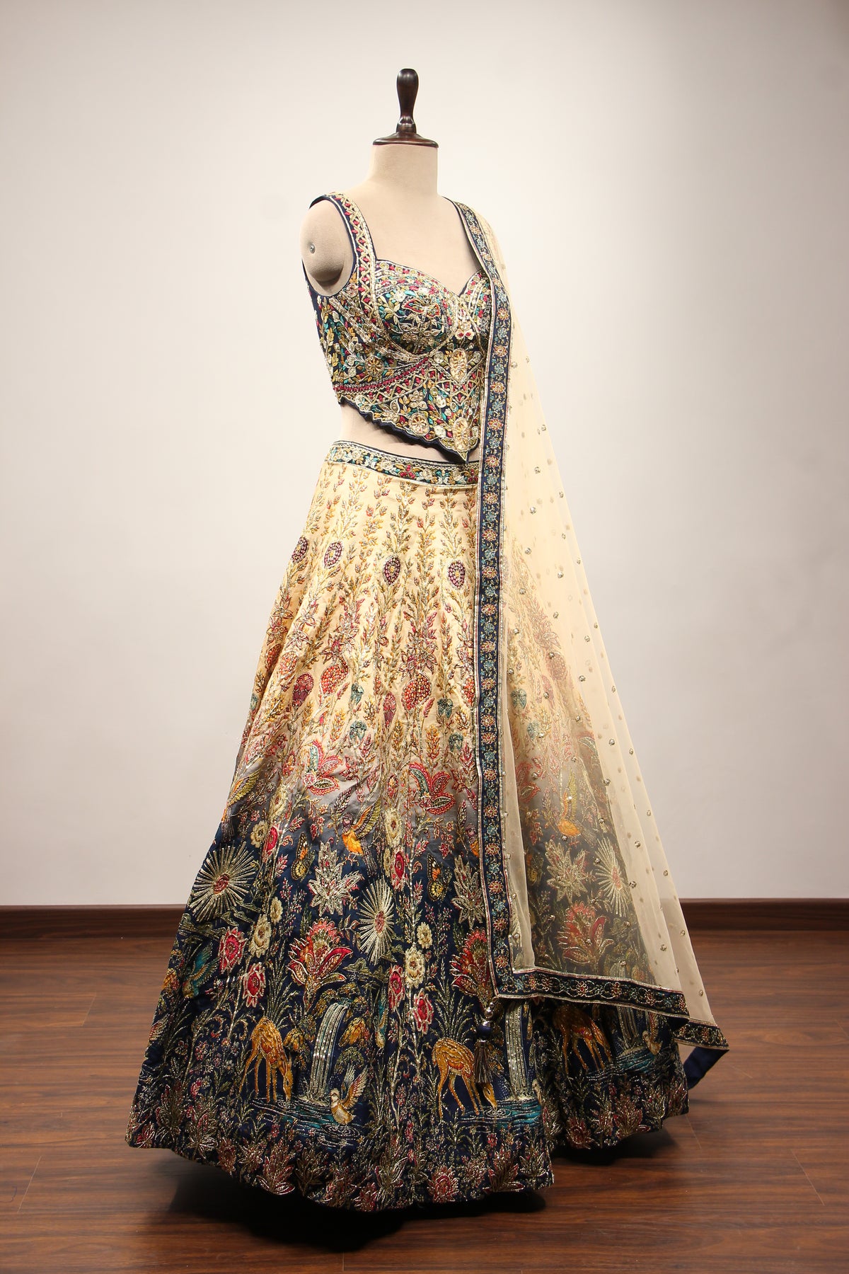 Ivory Ombre Dupion Corset Lehenga with Printed & Gota Patti Handwork – other side view