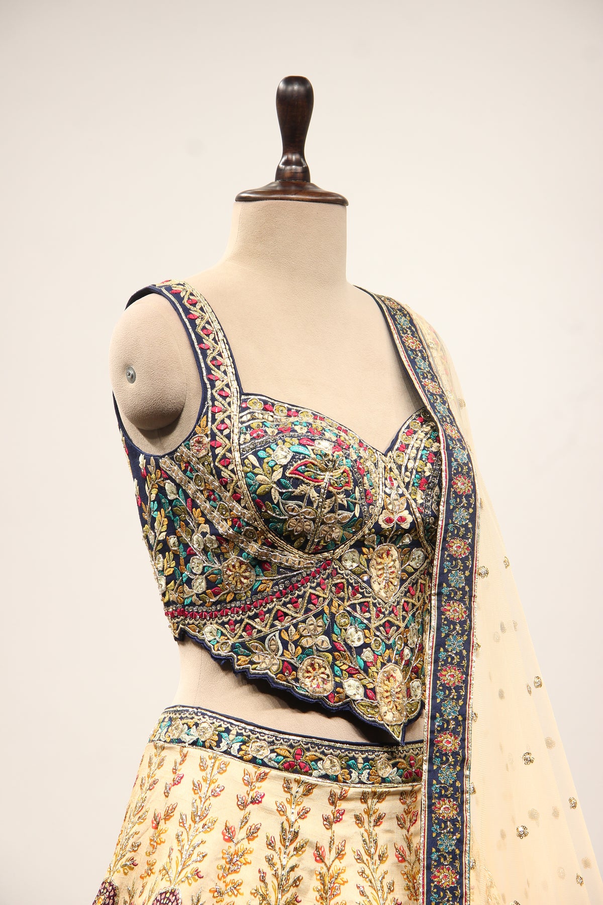 Ivory Ombre Dupion Corset Lehenga with Printed & Gota Patti Handwork – other side close-up