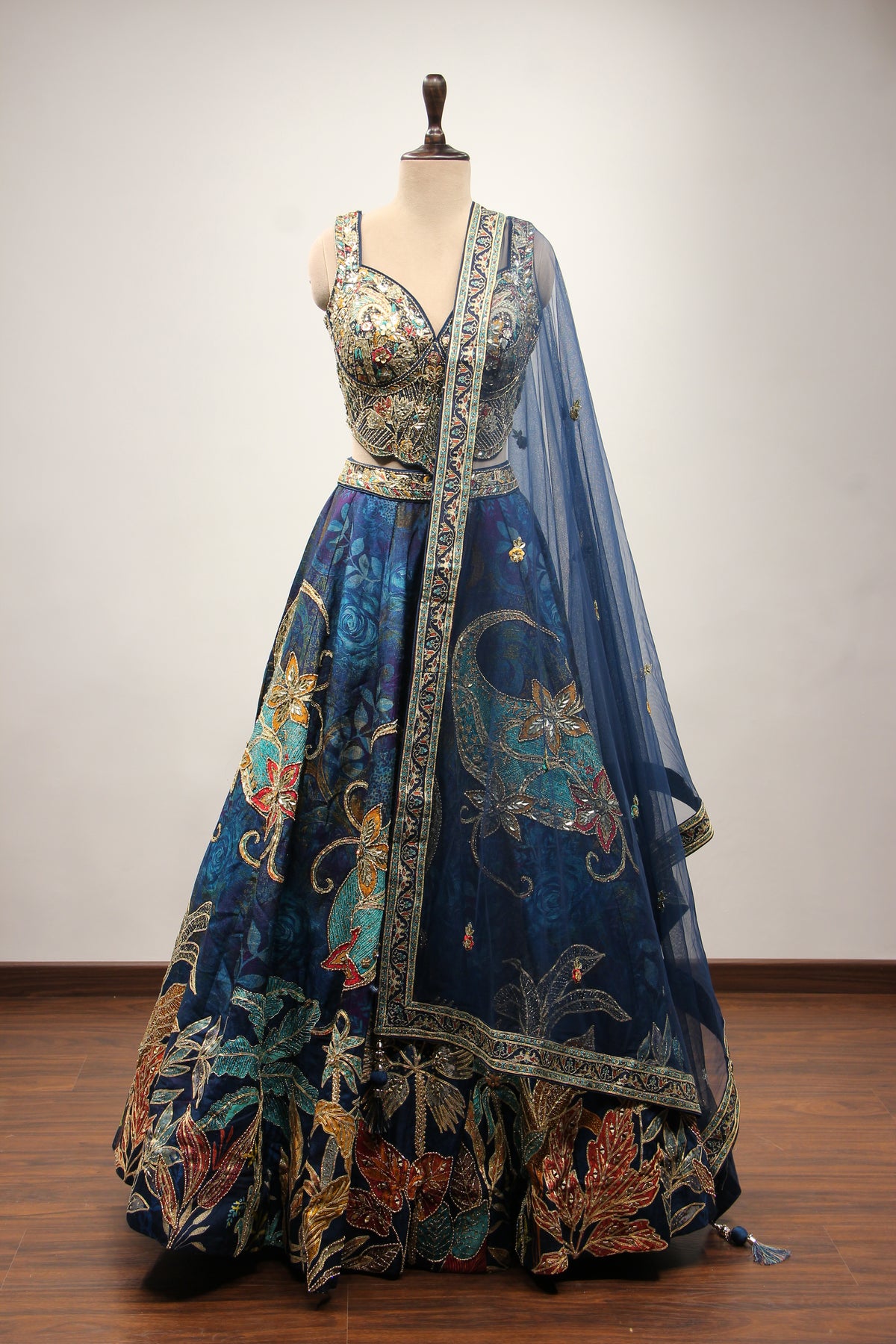 Blue Dupion Printed Lehenga with Gota Patti & Mirror Handwork Crop Top – front view