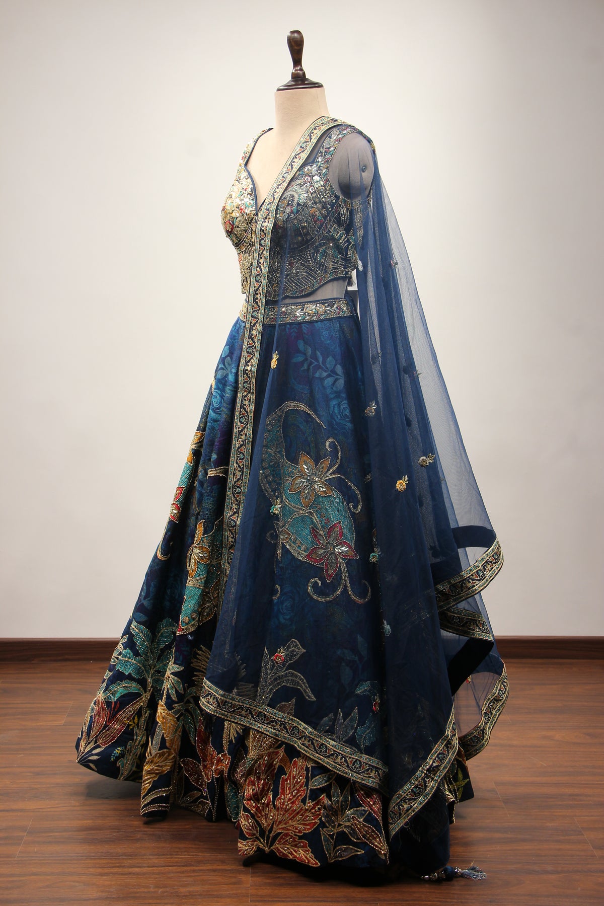 Blue Dupion Printed Lehenga with Gota Patti & Mirror Handwork Crop Top – side view