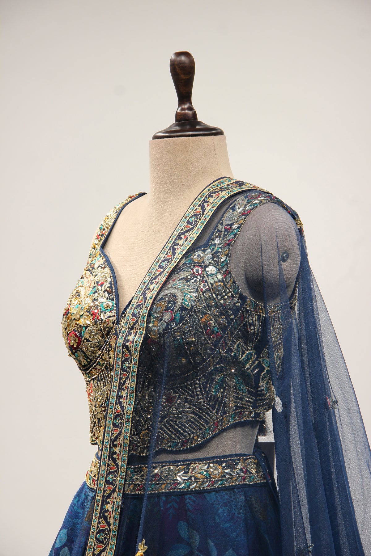 Blue Dupion Printed Lehenga with Gota Patti & Mirror Handwork Crop Top – side close-up