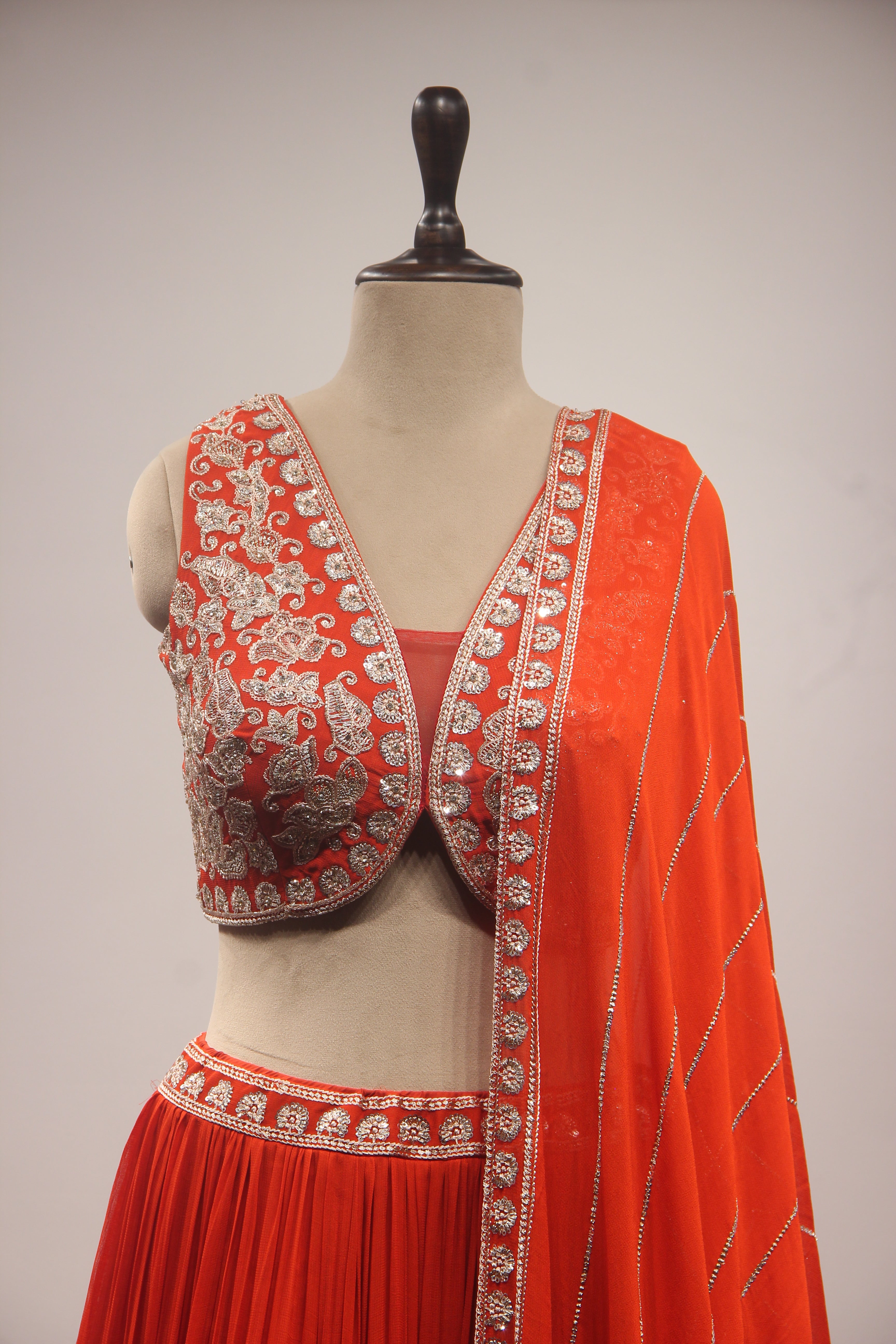 Orange Georgette Lehenga with Resham & Zari Handwork Crop Top