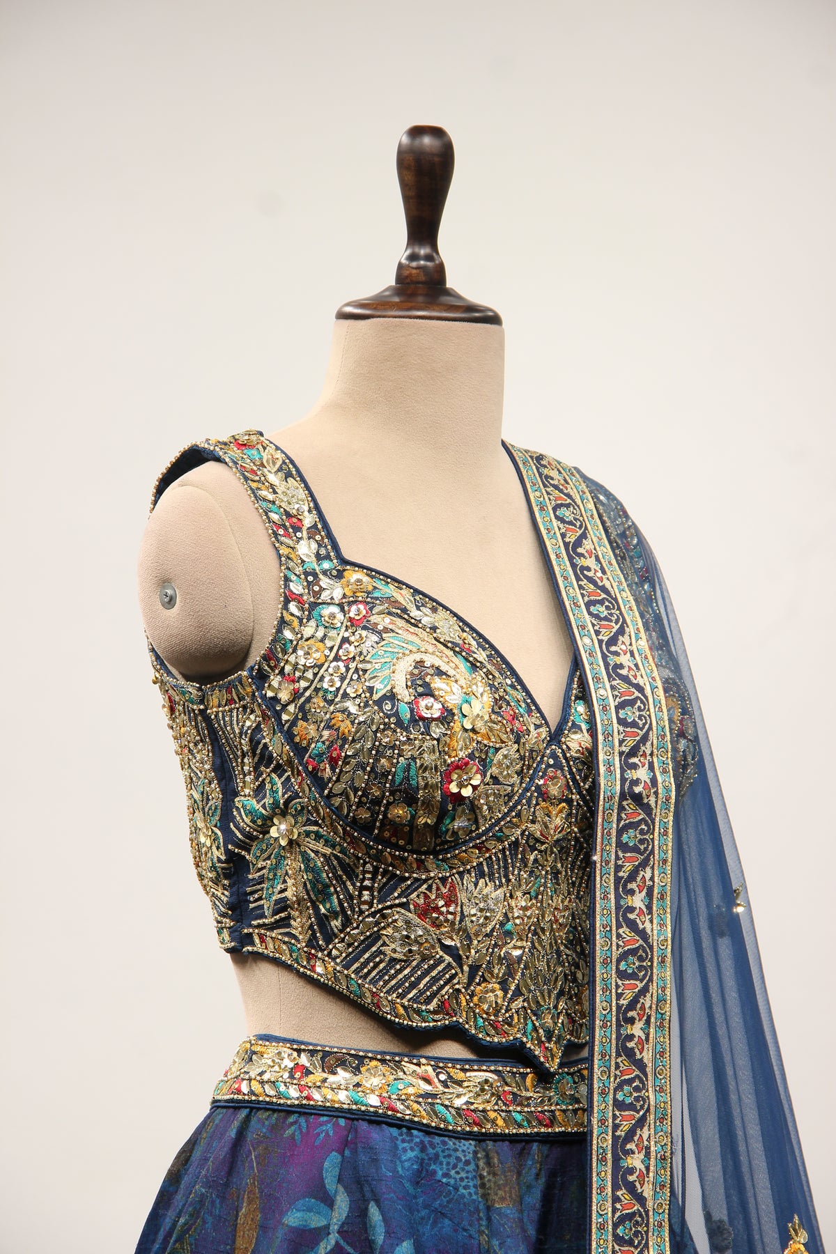 Blue Dupion Printed Lehenga with Gota Patti & Mirror Handwork Crop Top – other side close-up