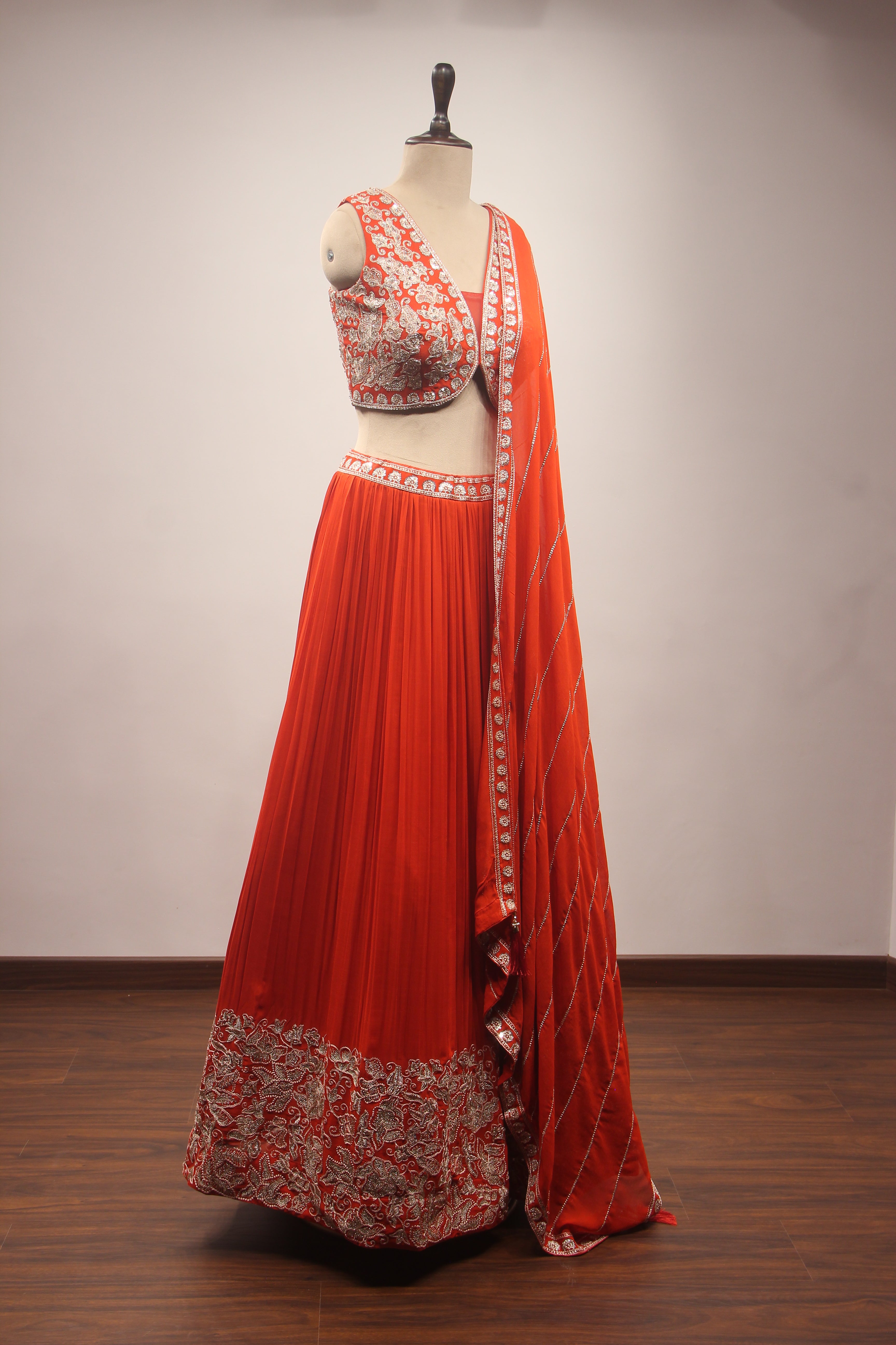 Orange Georgette Lehenga with Resham & Zari Handwork Crop Top