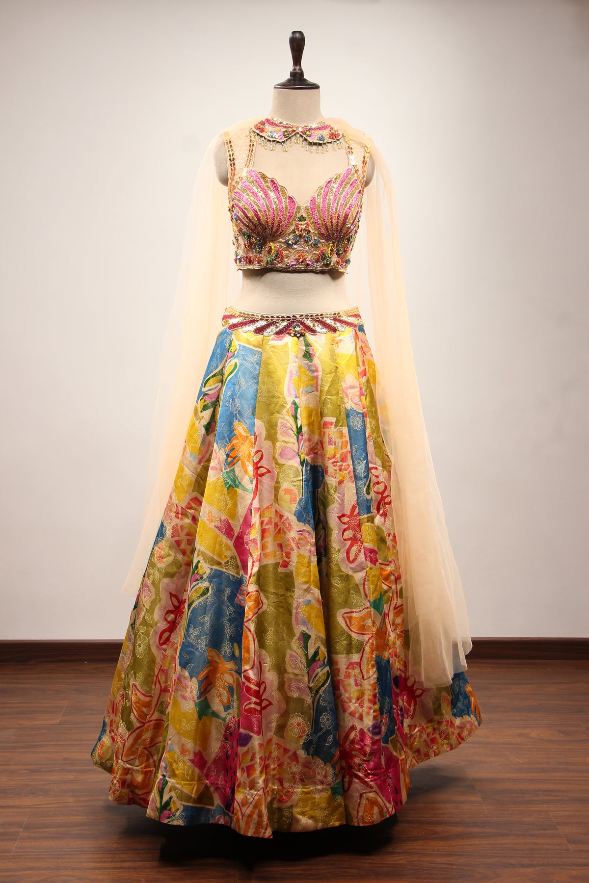 Multicolor Printed Tissue Lehenga with Cut Dana & Sequin Handwork Top – front view