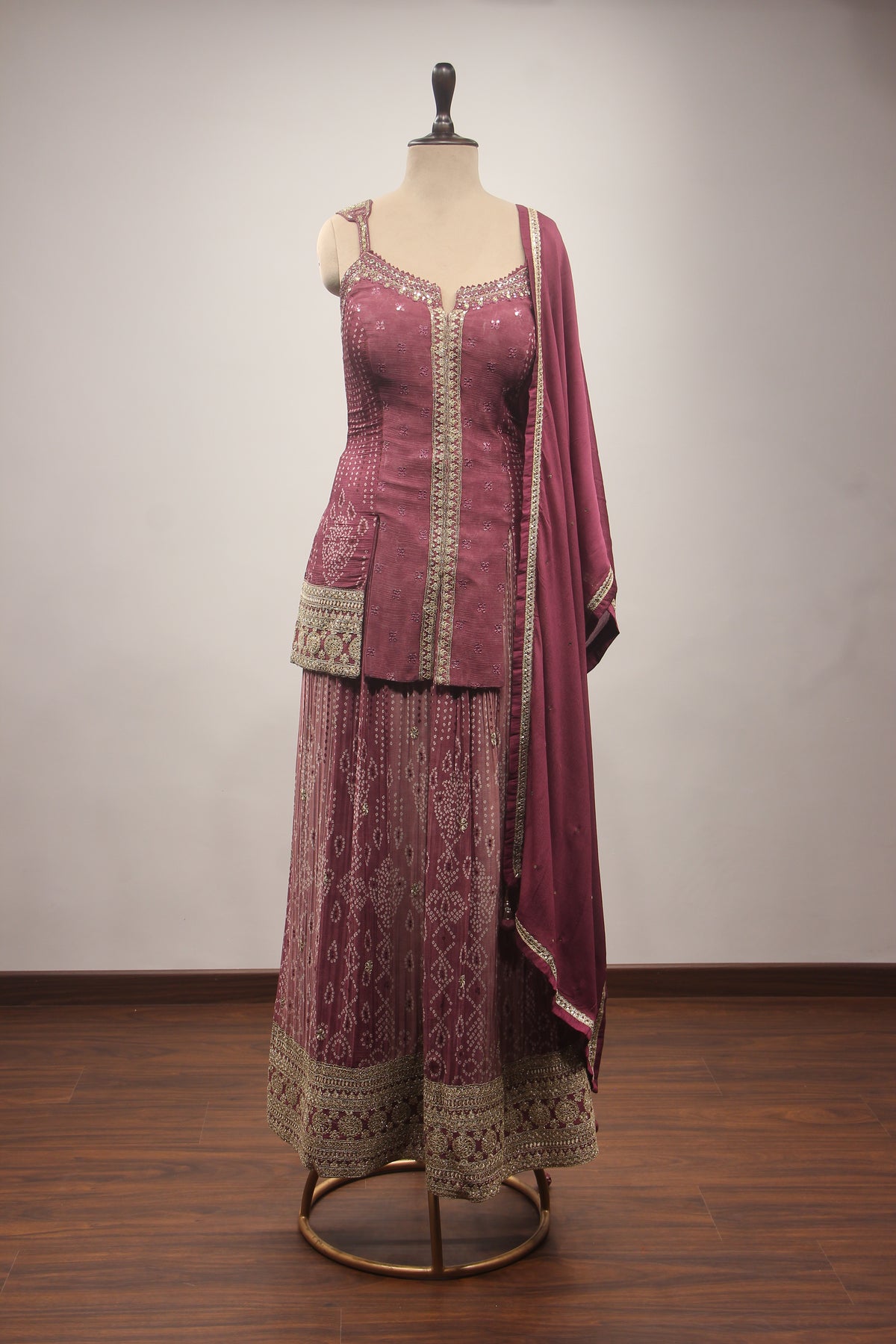 Wine Crepe Sharara Suit with Mirror & Resham Handwork Printed Palazzo – front view