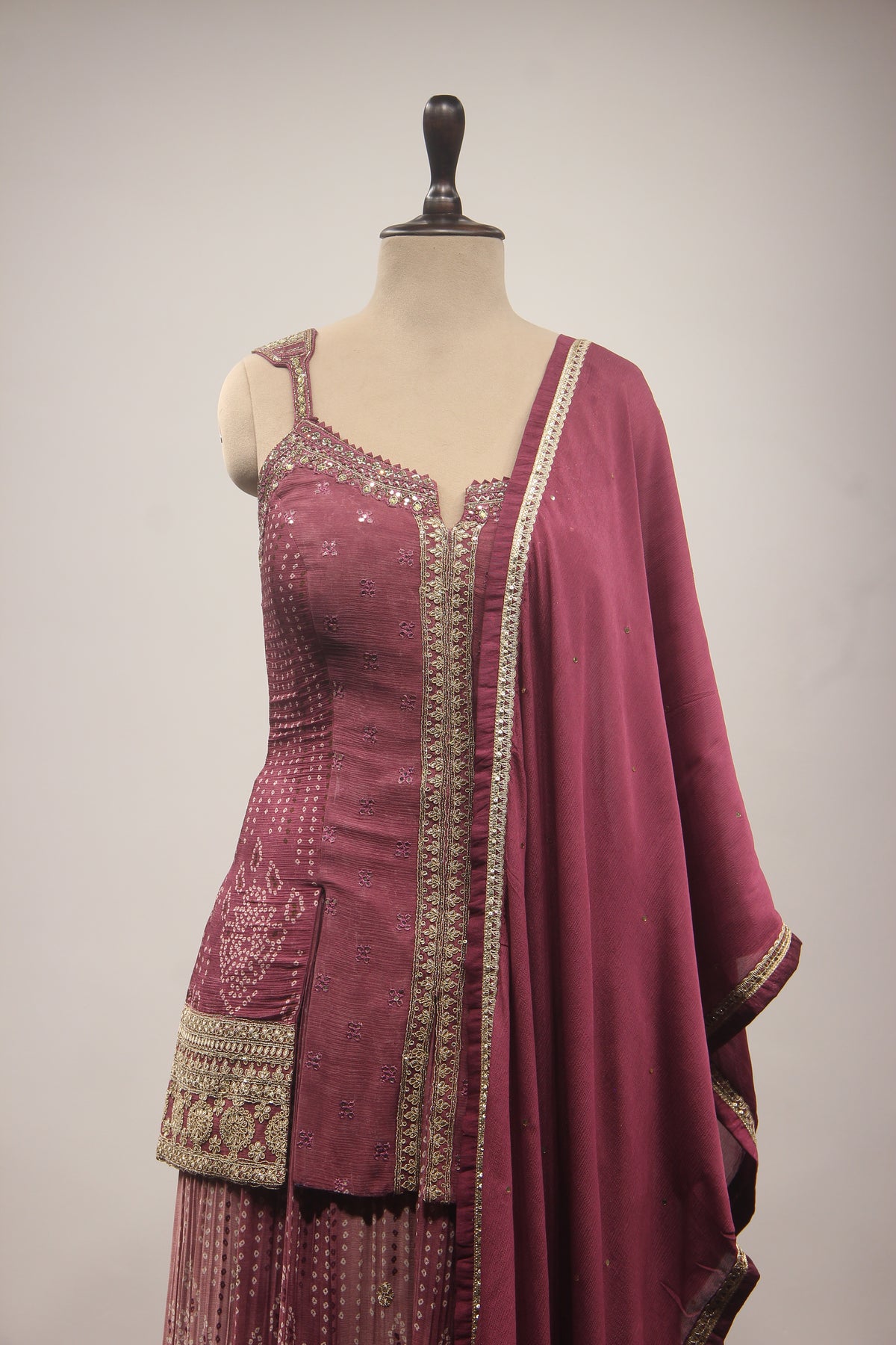 Wine Crepe Sharara Suit with Mirror & Resham Handwork Printed Palazzo – front close-up