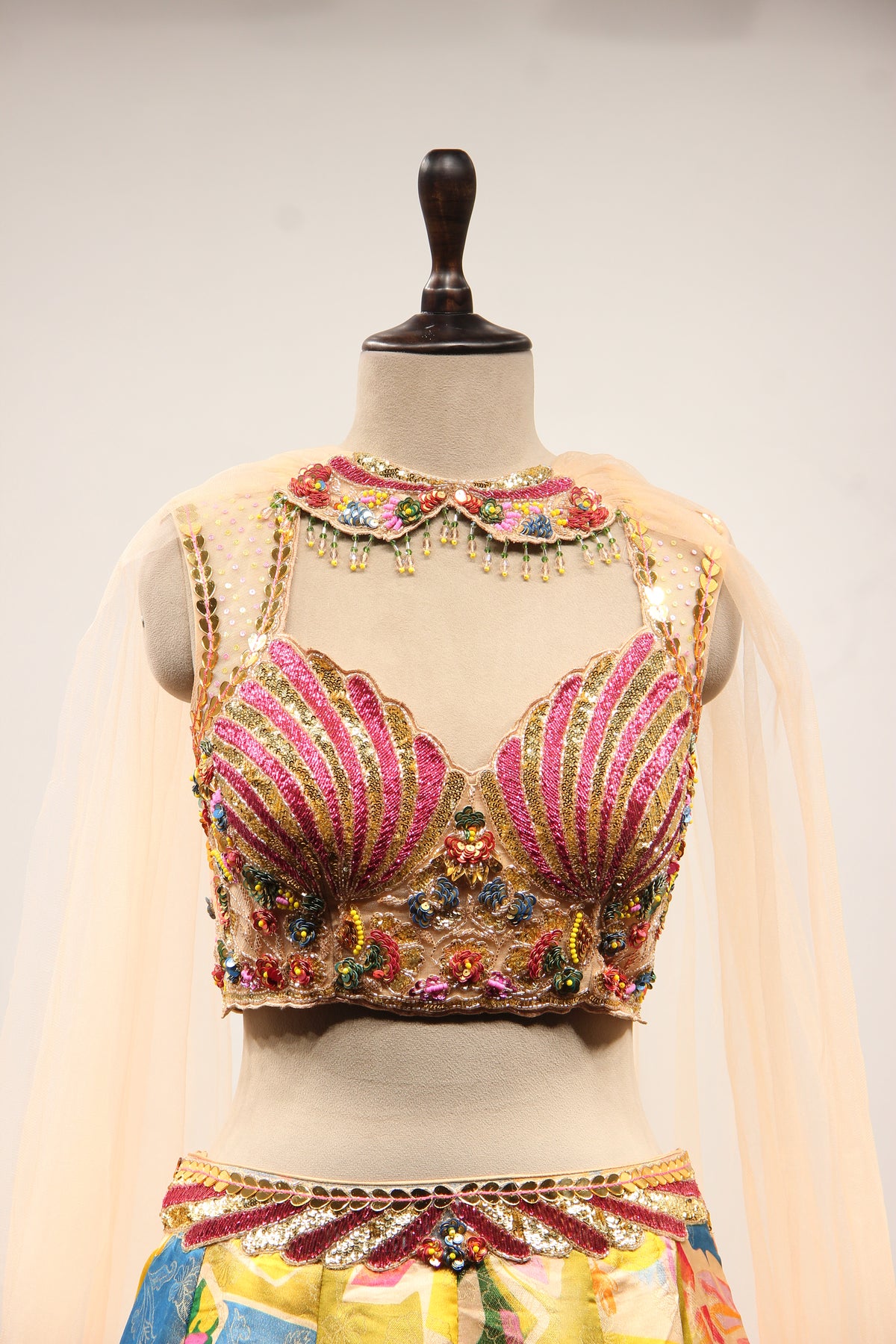Multicolor Printed Tissue Lehenga with Cut Dana & Sequin Handwork Top – front close-up