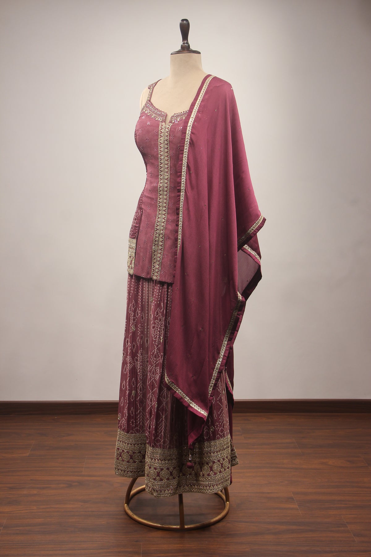 Wine Crepe Sharara Suit with Mirror & Resham Handwork Printed Palazzo – side view