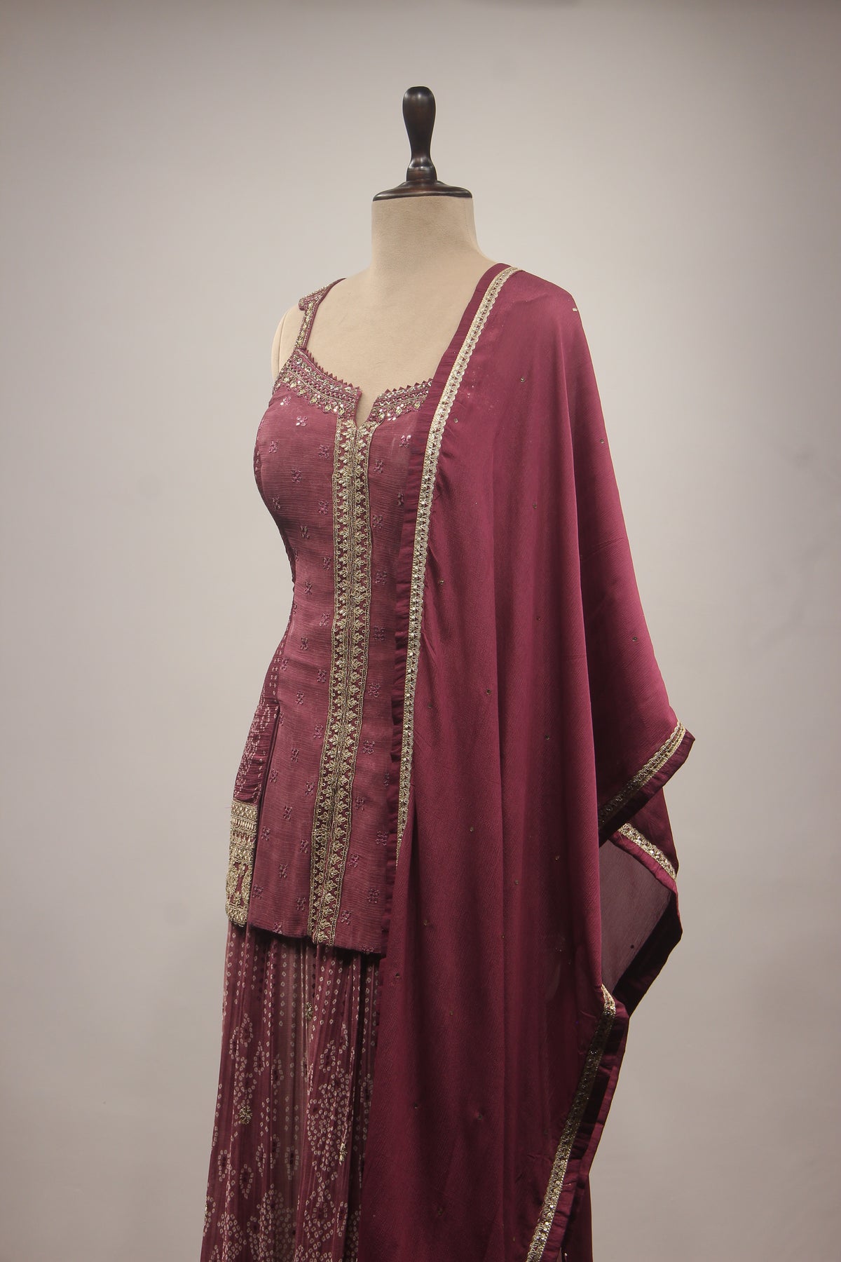 Wine Crepe Sharara Suit with Mirror & Resham Handwork Printed Palazzo – side close-up