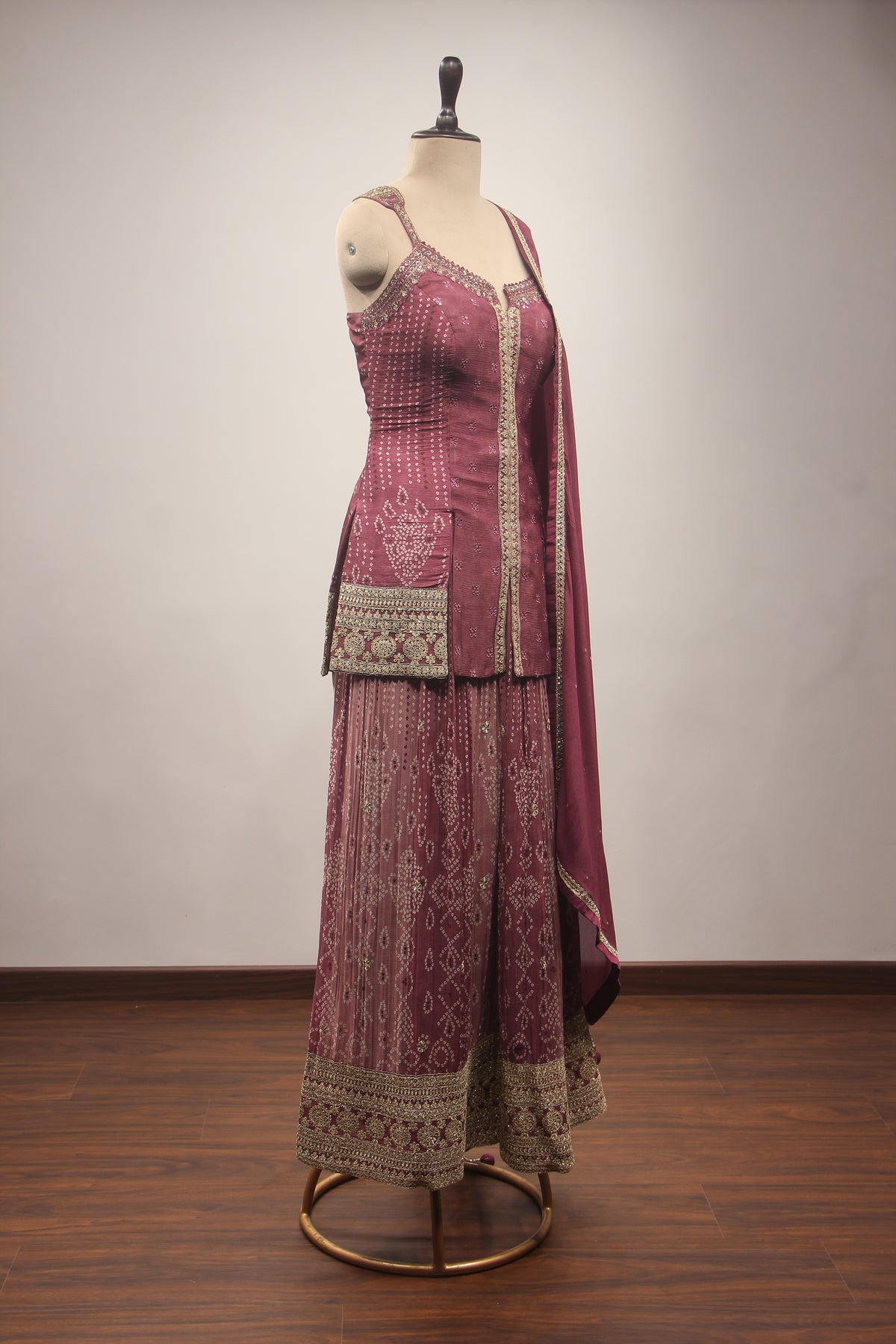 Wine Crepe Sharara Suit with Mirror & Resham Handwork Printed Palazzo – other side view