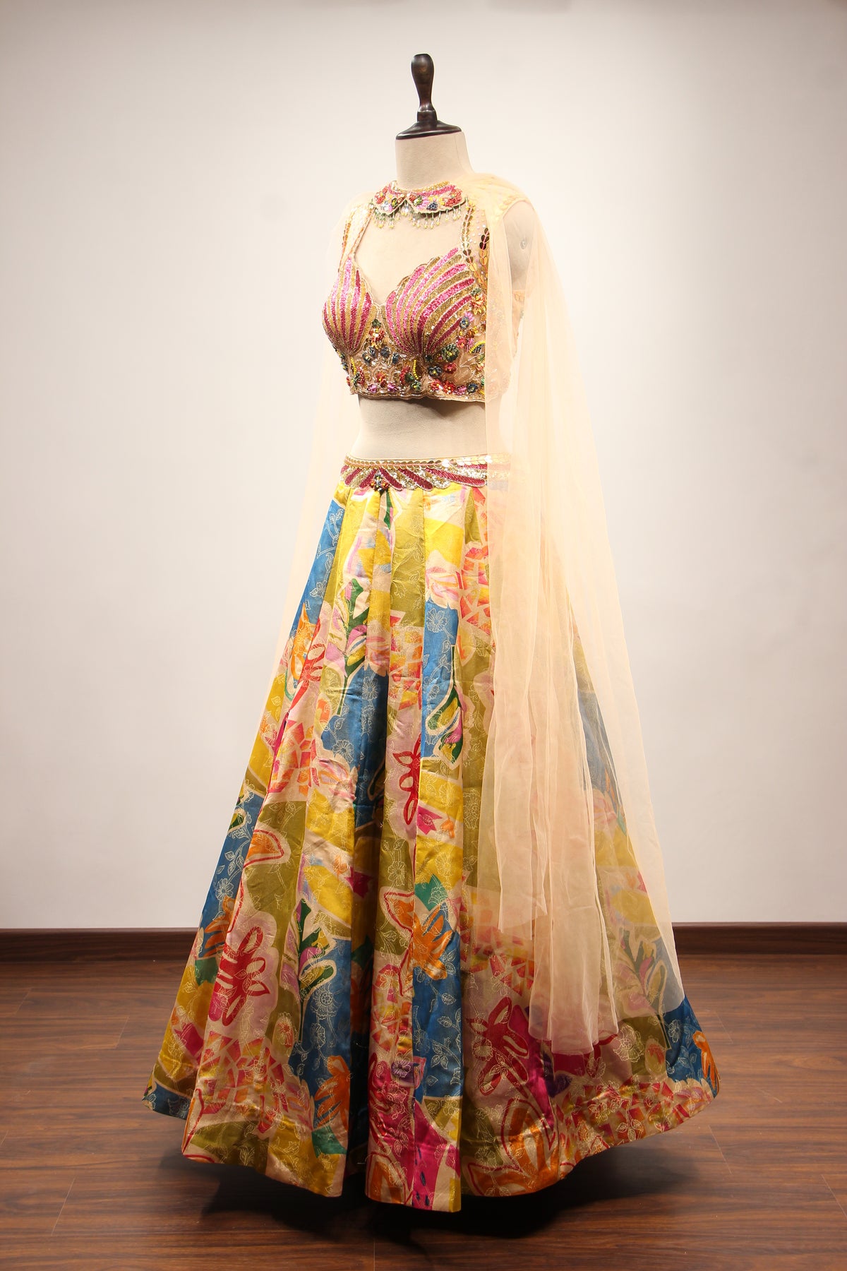 Multicolor Printed Tissue Lehenga with Cut Dana & Sequin Handwork Top – side view