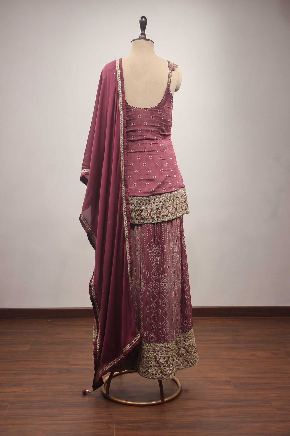 Wine Crepe Sharara Suit with Mirror & Resham Handwork Printed Palazzo – back view