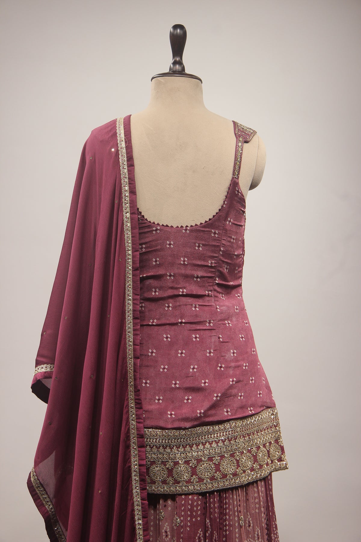 Wine Crepe Sharara Suit with Mirror & Resham Handwork Printed Palazzo – back close-up