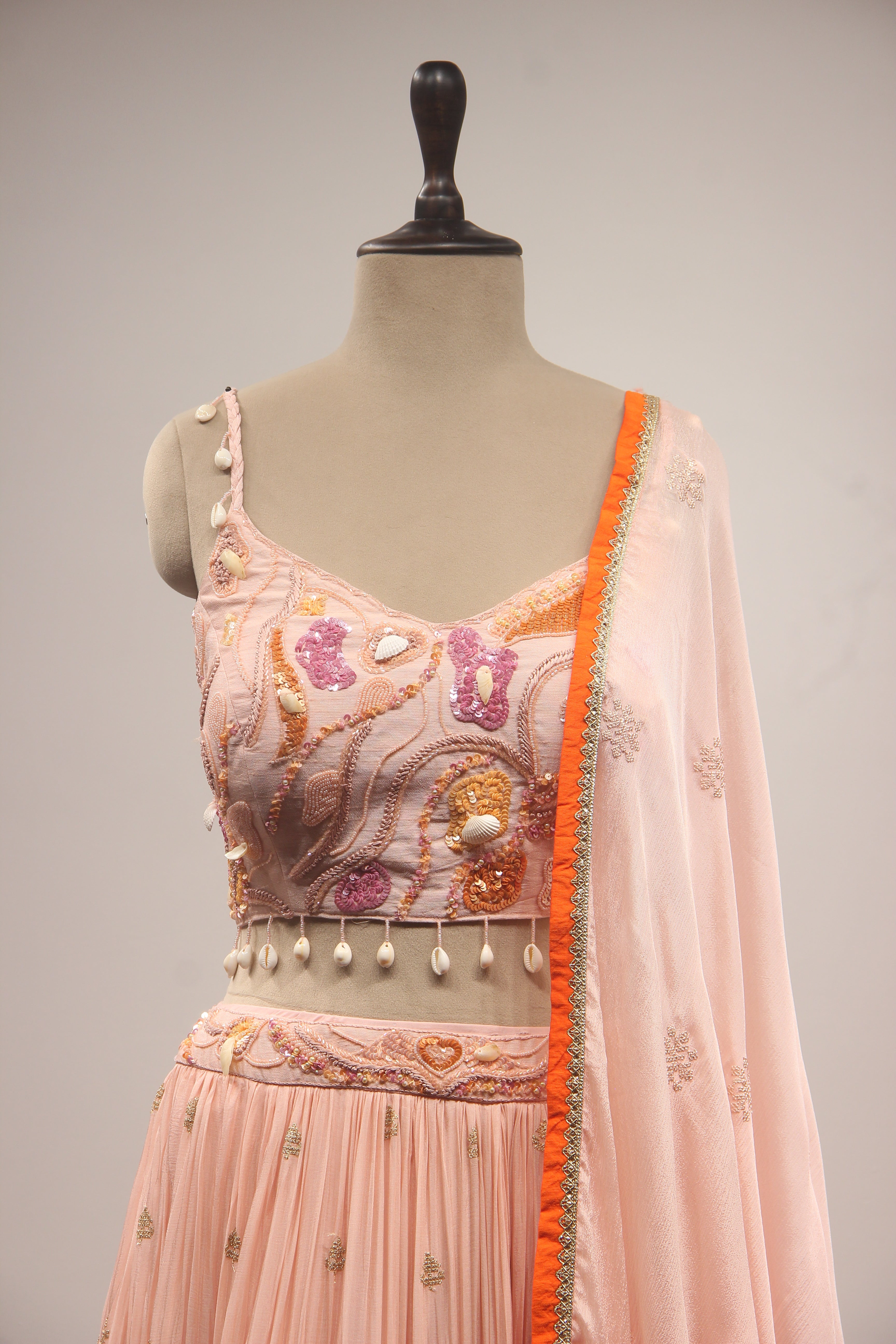 Peach Crepe Lehenga with Hand Embroidery & Bead Handwork Crop Top
