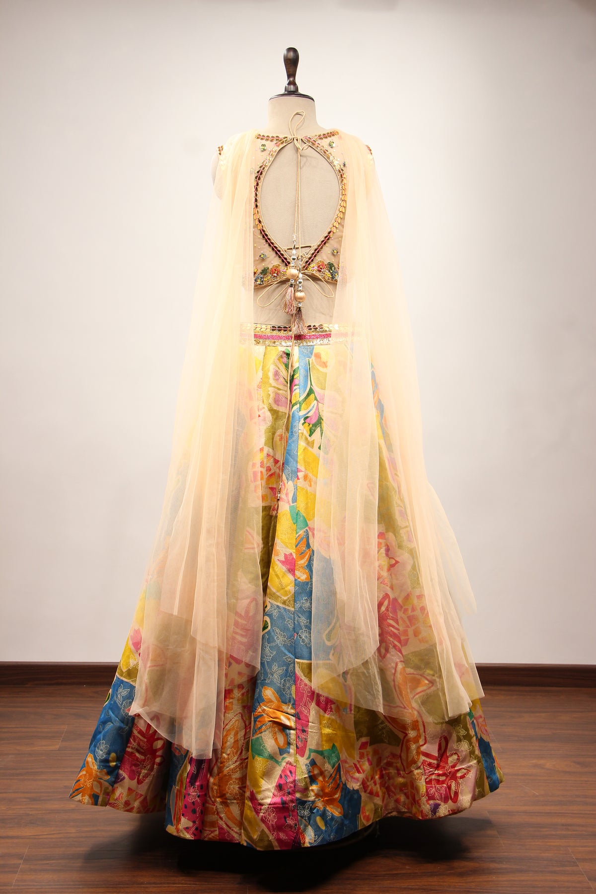 Multicolor Printed Tissue Lehenga with Cut Dana & Sequin Handwork Top – back view