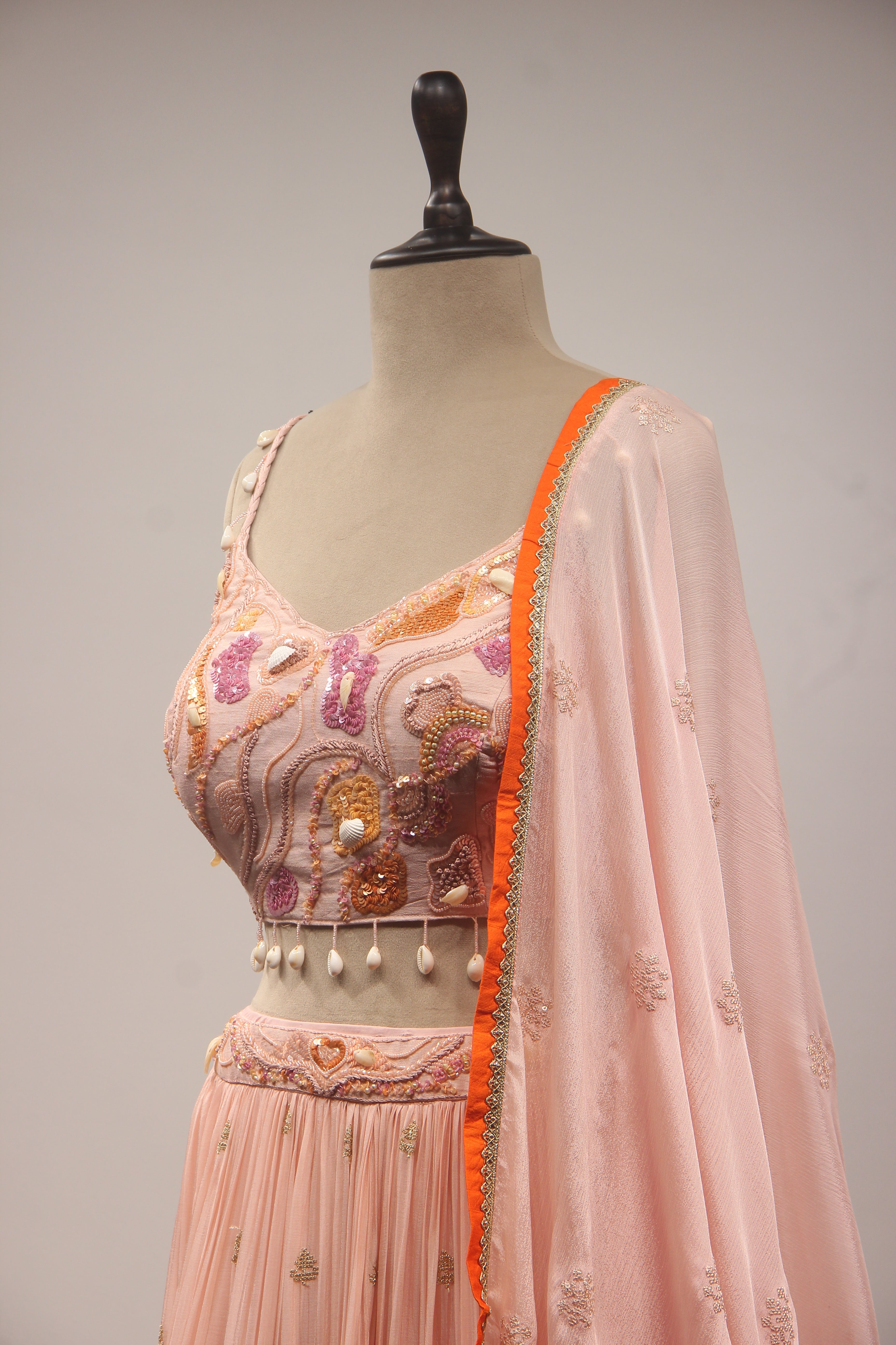 Peach Crepe Lehenga with Hand Embroidery & Bead Handwork Crop Top