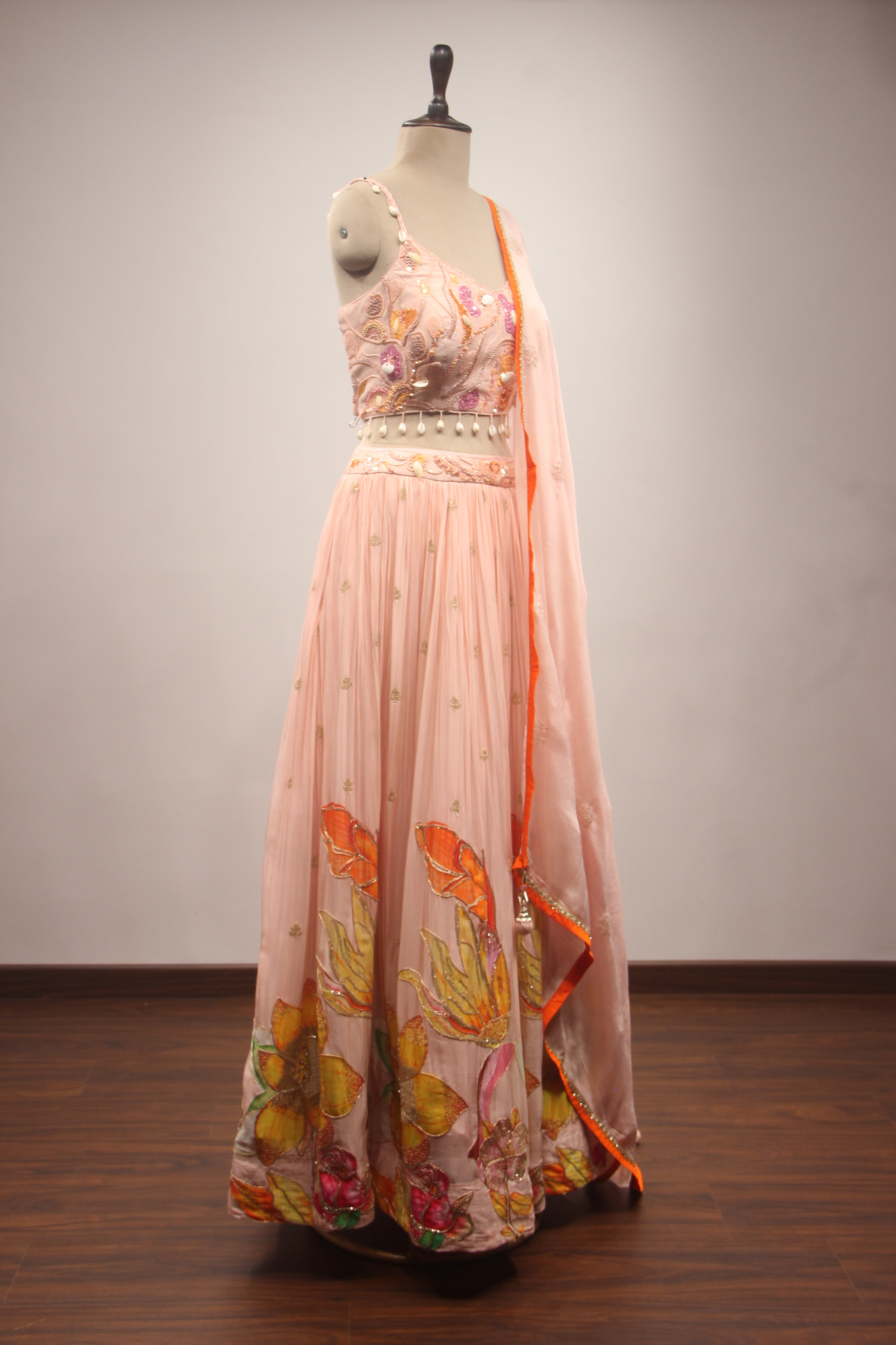Peach Crepe Lehenga with Hand Embroidery & Bead Handwork Crop Top