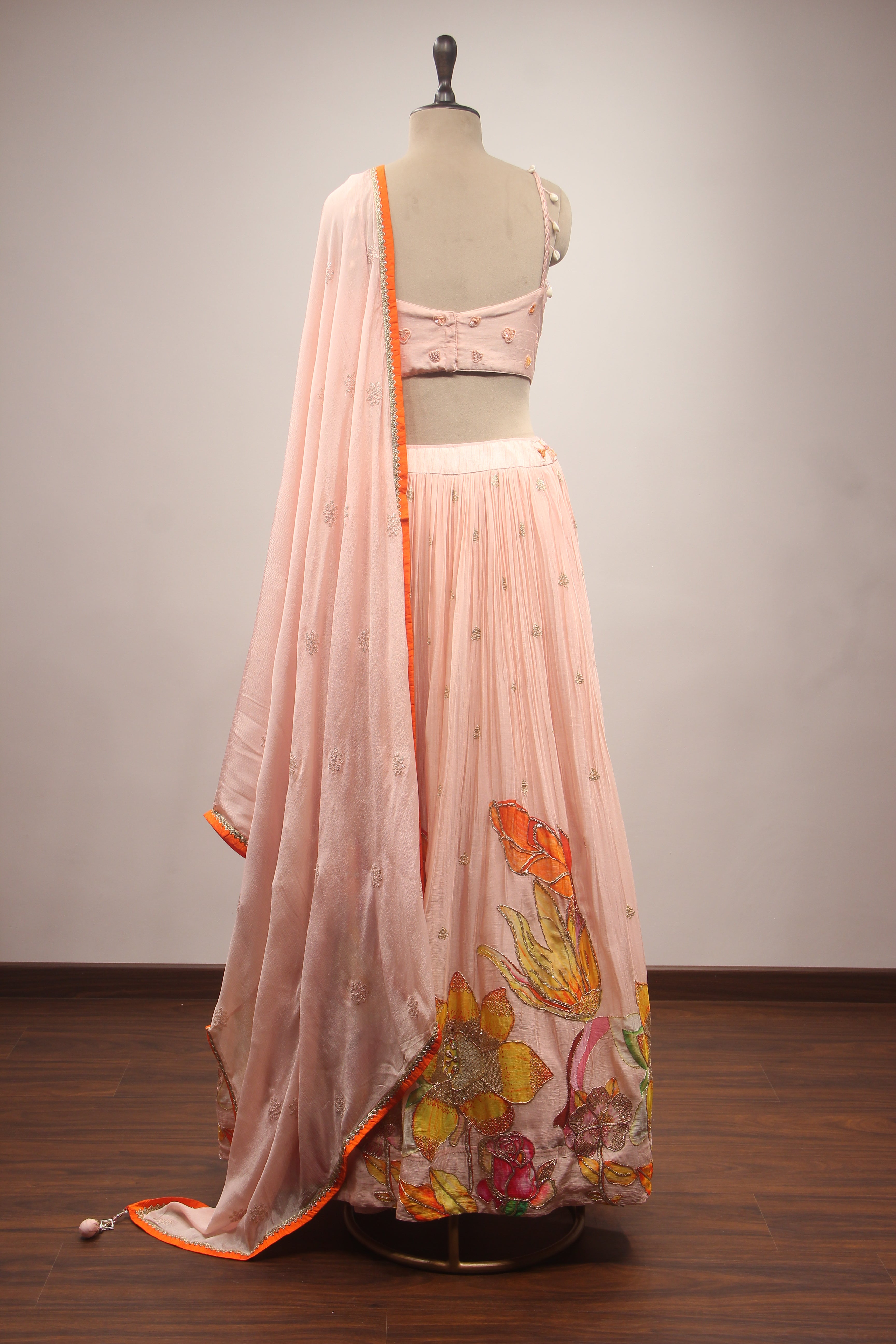 Peach Crepe Lehenga with Hand Embroidery & Bead Handwork Crop Top