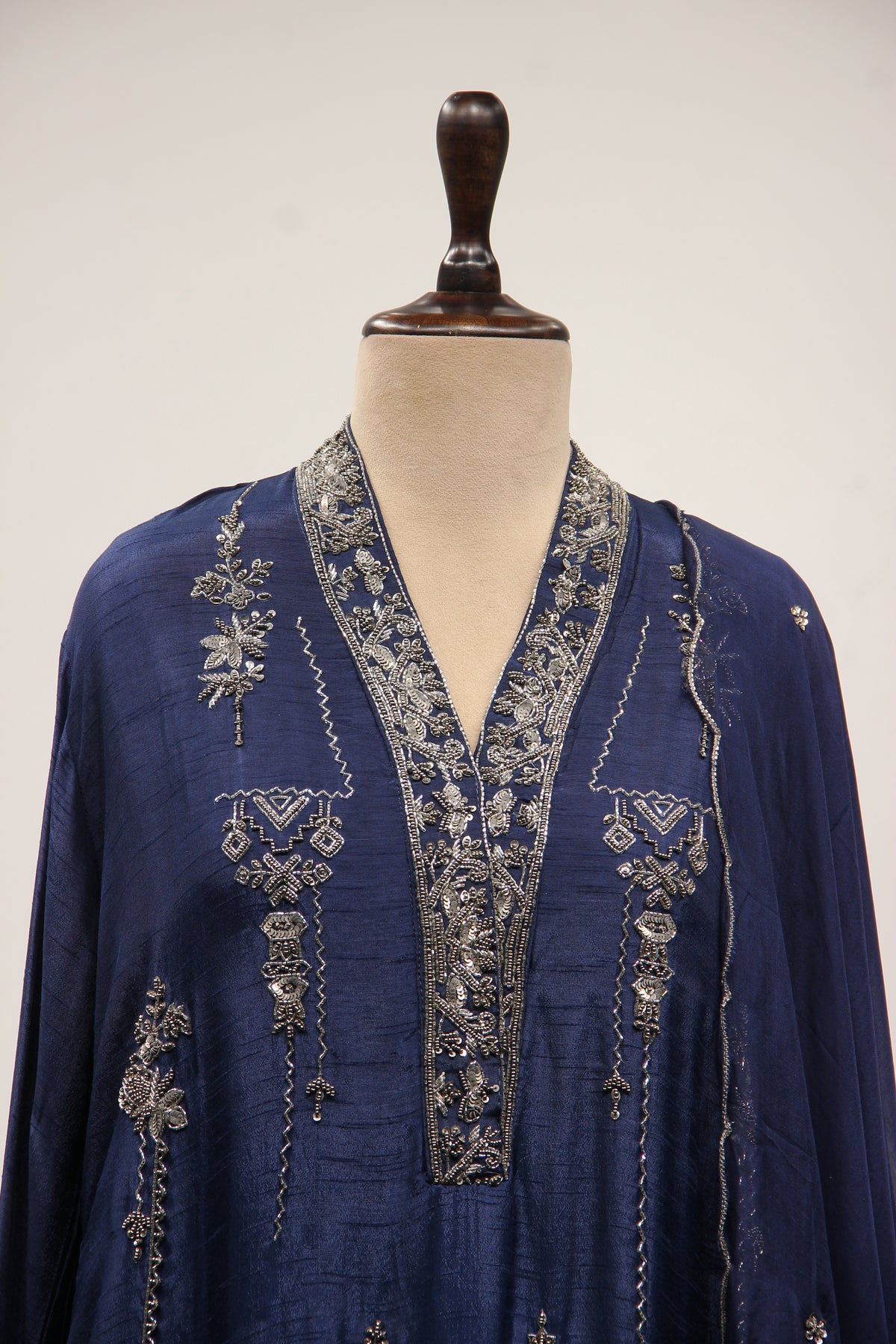 Dupion Full Sleeve Farshi Salwar Suit with Cut Dana & Sequin Handwork in Blue – front close-up