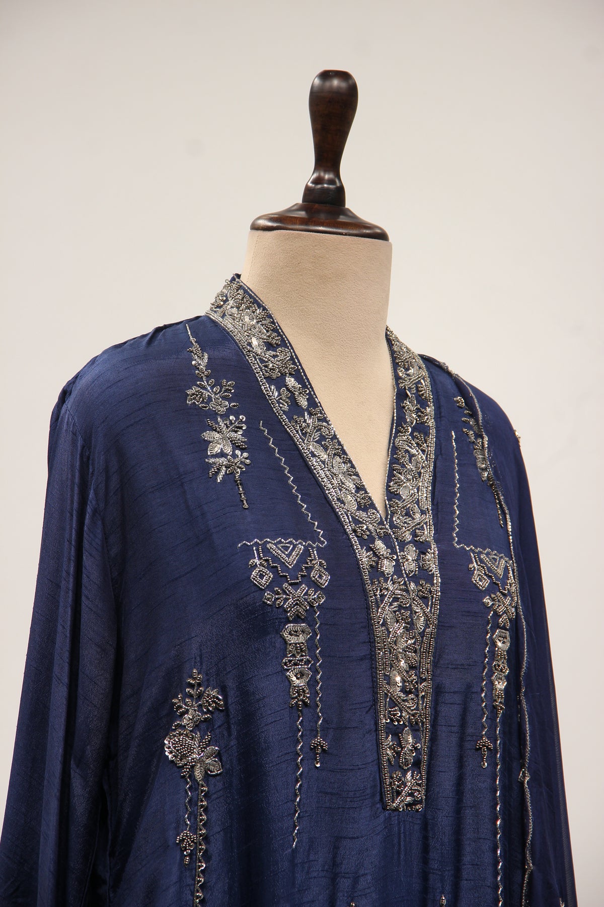 Dupion Full Sleeve Farshi Salwar Suit with Cut Dana & Sequin Handwork in Blue – side close-up