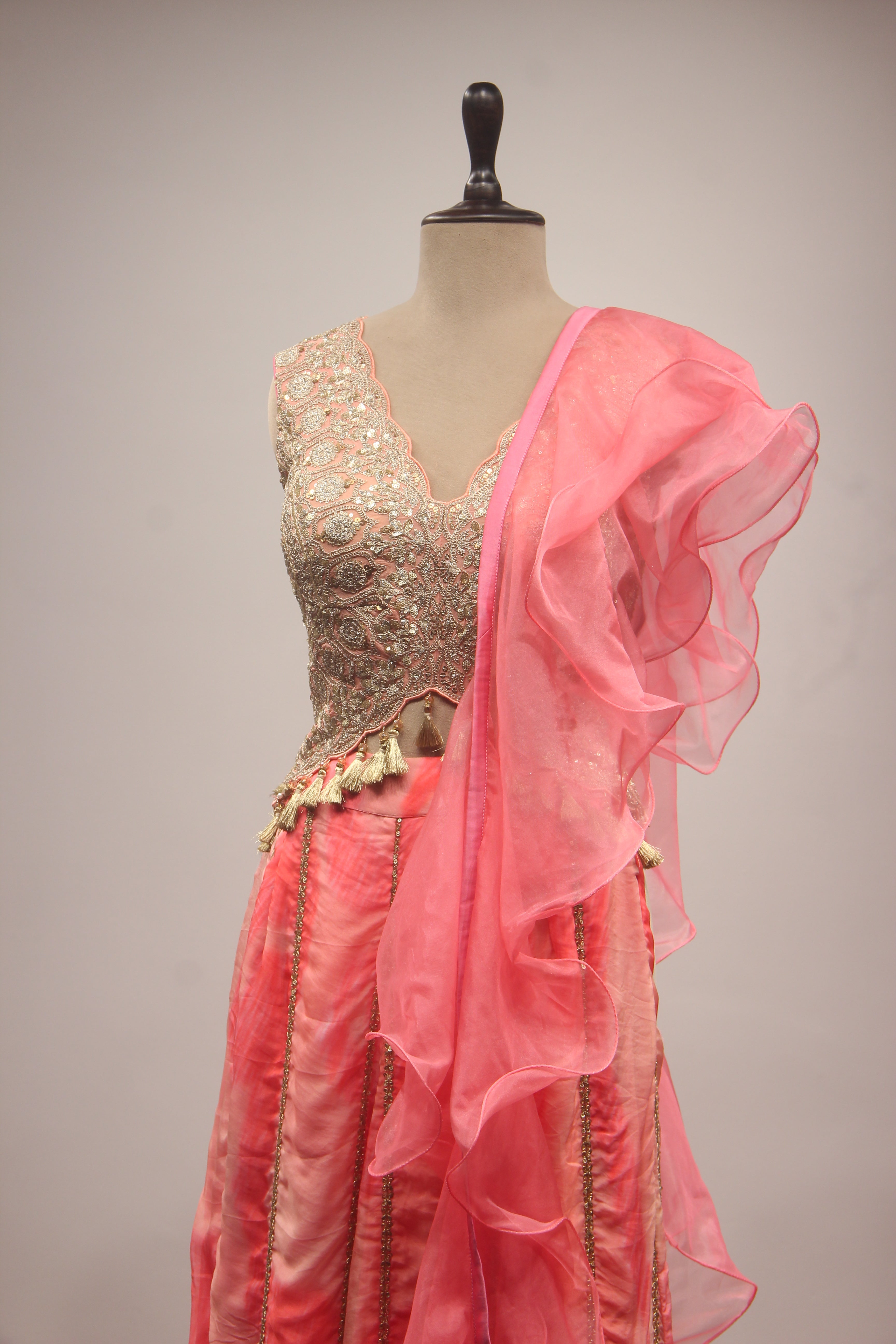 Peach Organza Indo-Western Palazzo with Zari & Sequin Handwork Ruffle Dupatta