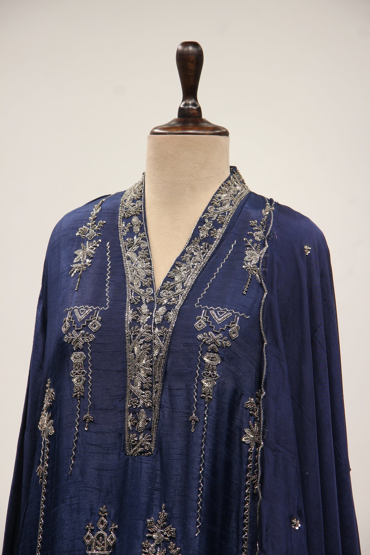 Dupion Full Sleeve Farshi Salwar Suit with Cut Dana & Sequin Handwork in Blue – other side close-up