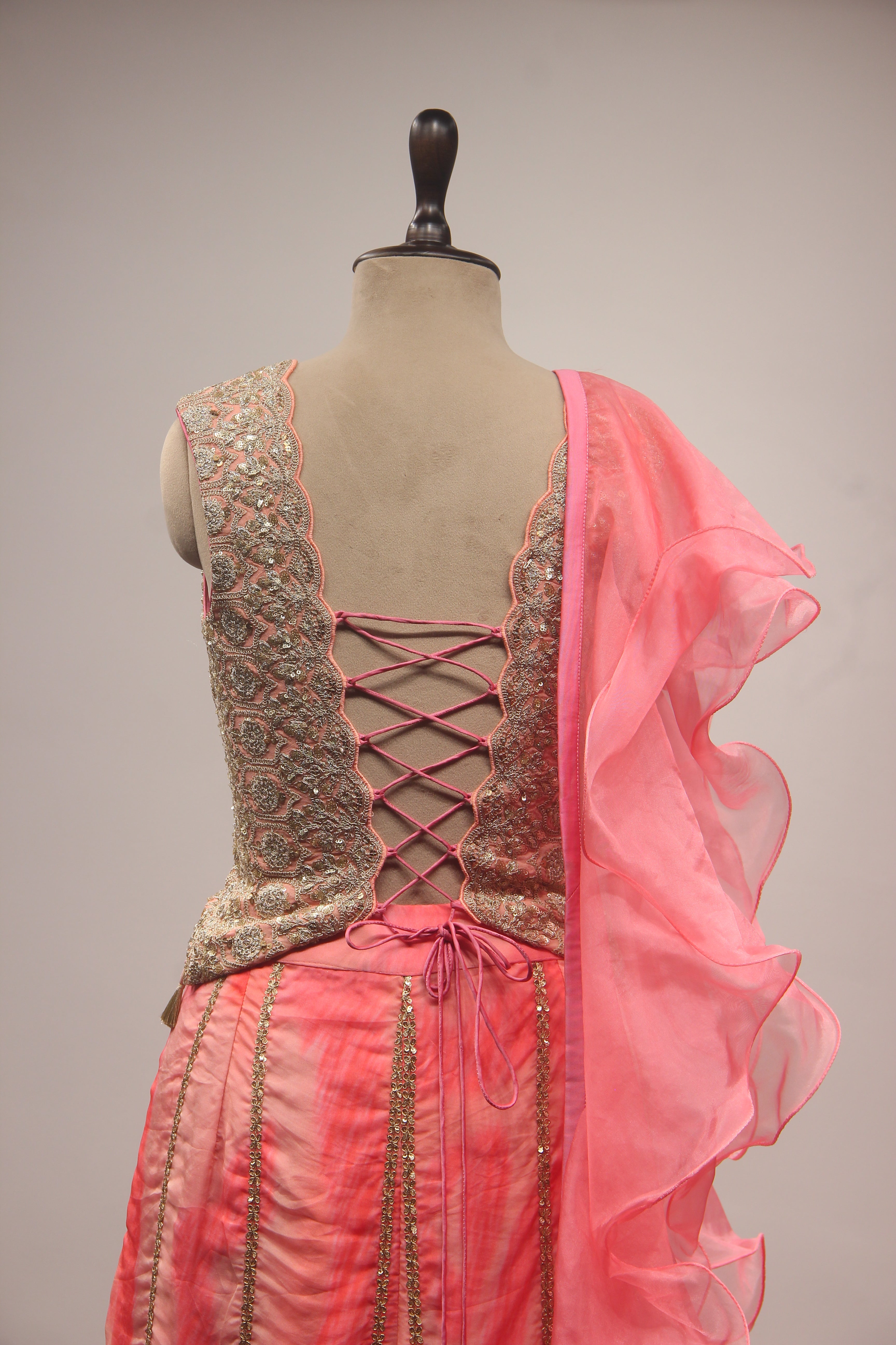 Peach Organza Indo-Western Palazzo with Zari & Sequin Handwork Ruffle Dupatta