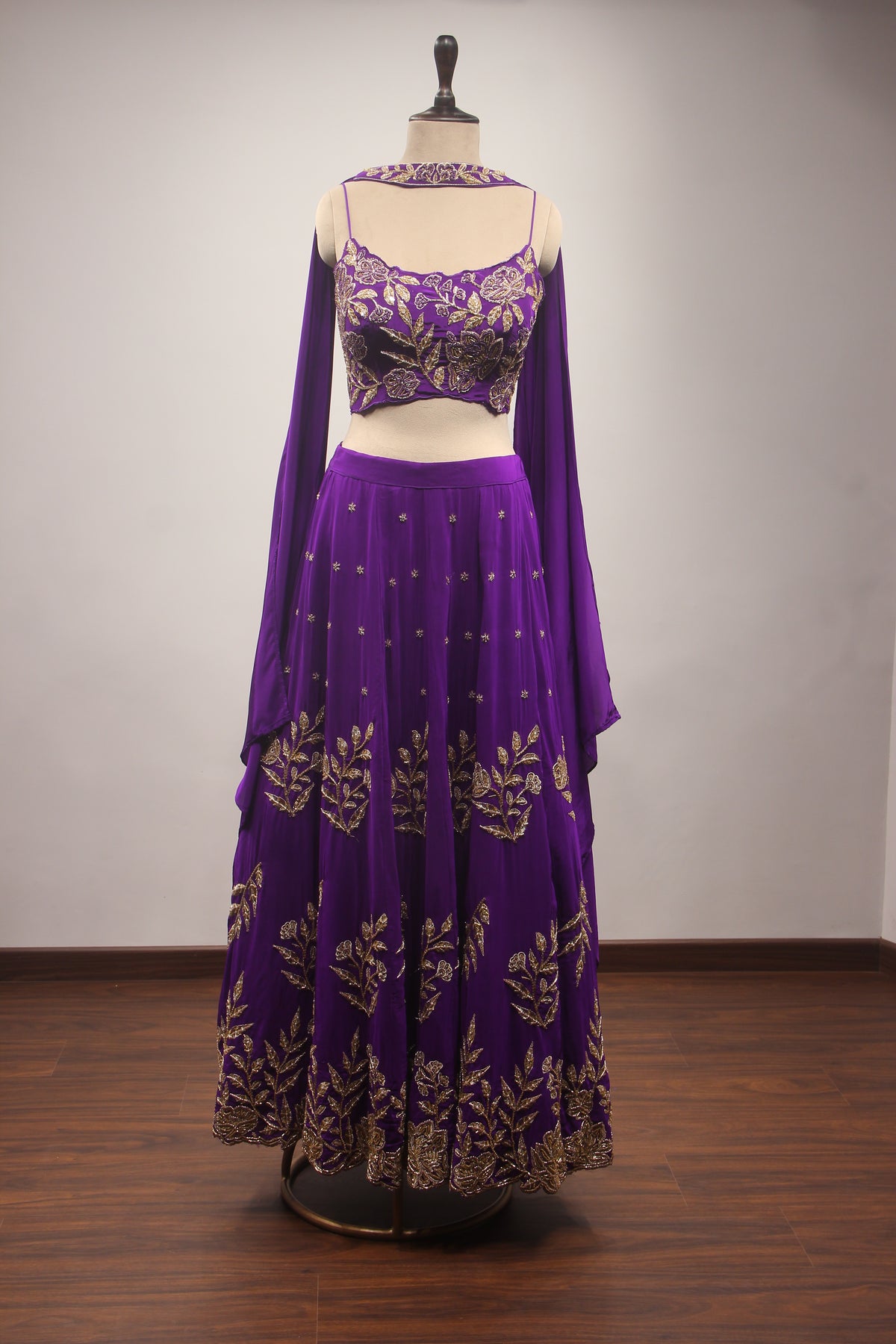Crepe Lehenga with Zari & Zardozi Handwork Crop Top and Dupatta