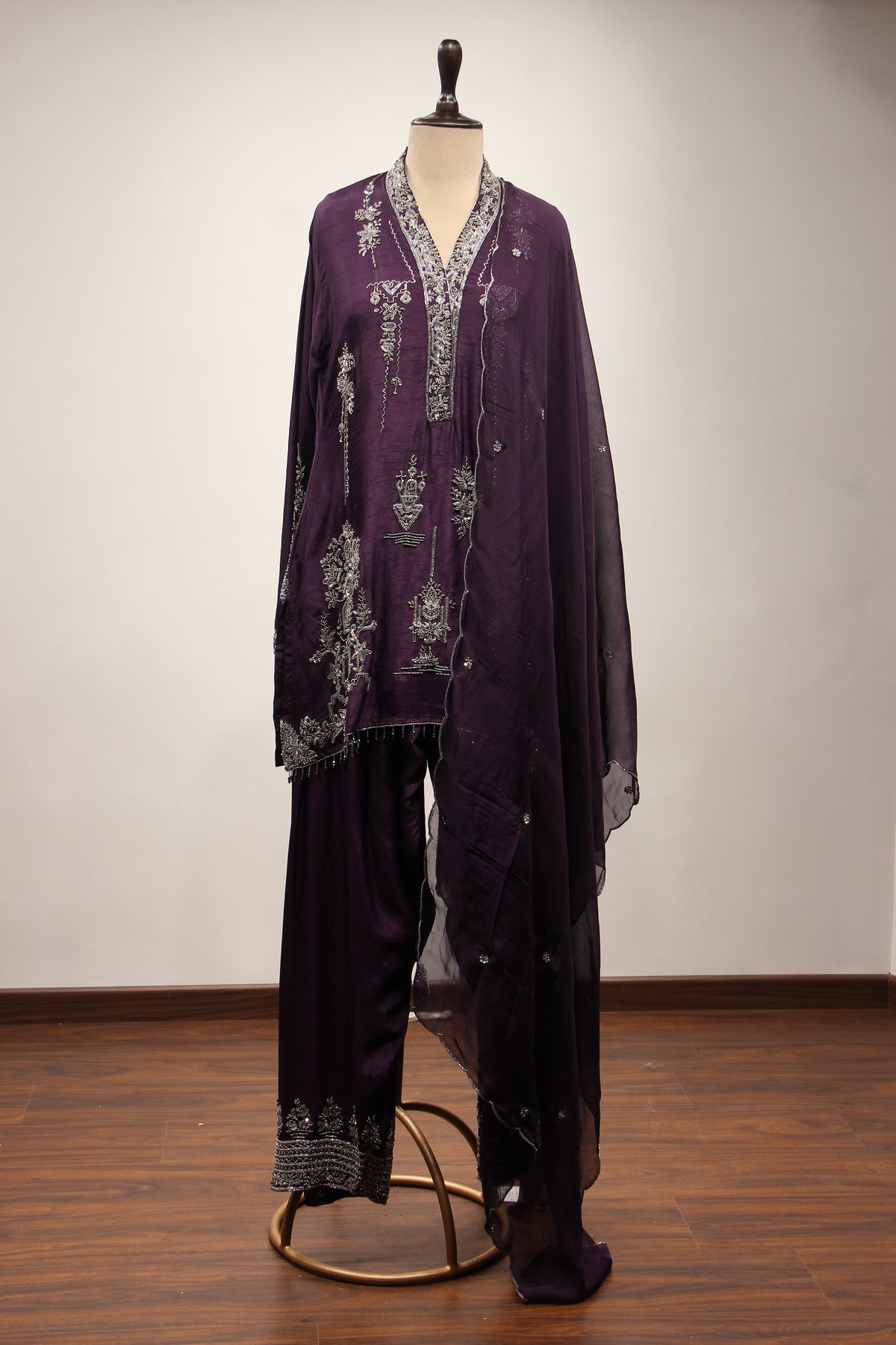 Dupion Full Sleeve Farshi Salwar Suit with Cut Dana & Sequin Handwork in Purple – front view