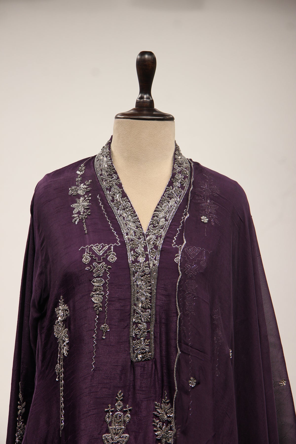 Dupion Full Sleeve Farshi Salwar Suit with Cut Dana & Sequin Handwork in Purple – front close-up