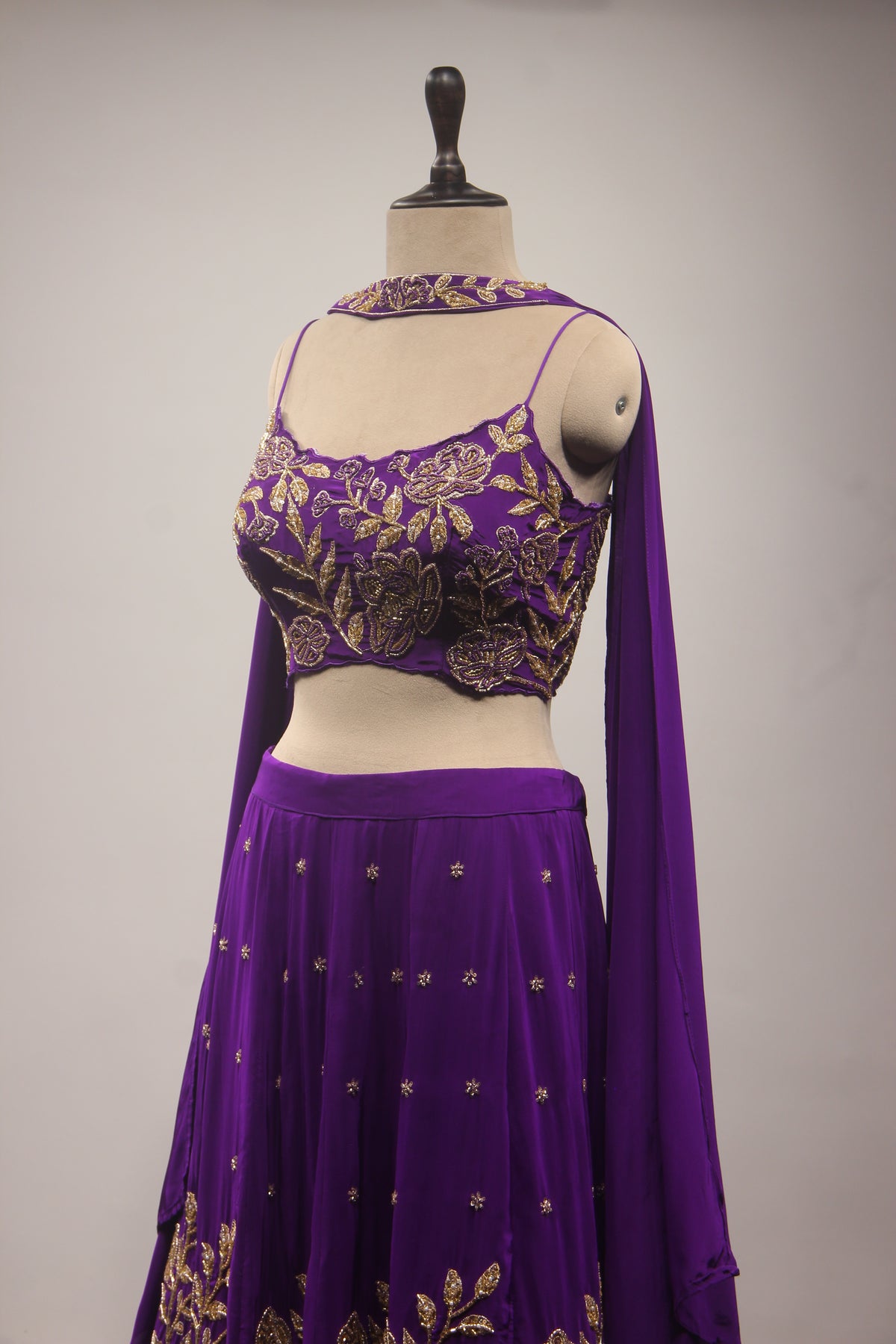 Crepe Lehenga with Zari & Zardozi Handwork Crop Top and Dupatta