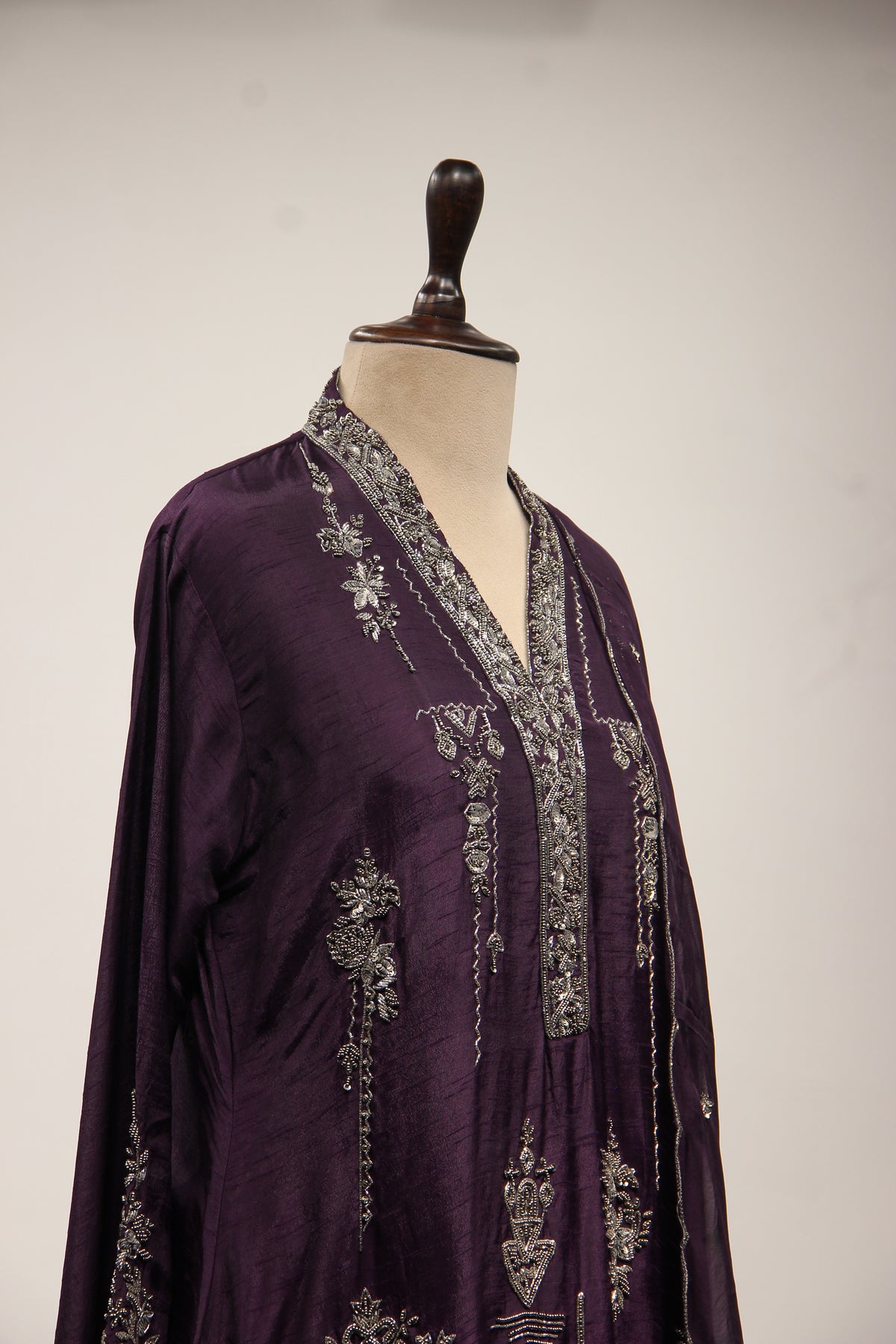 Dupion Full Sleeve Farshi Salwar Suit with Cut Dana & Sequin Handwork in Purple – side close-up