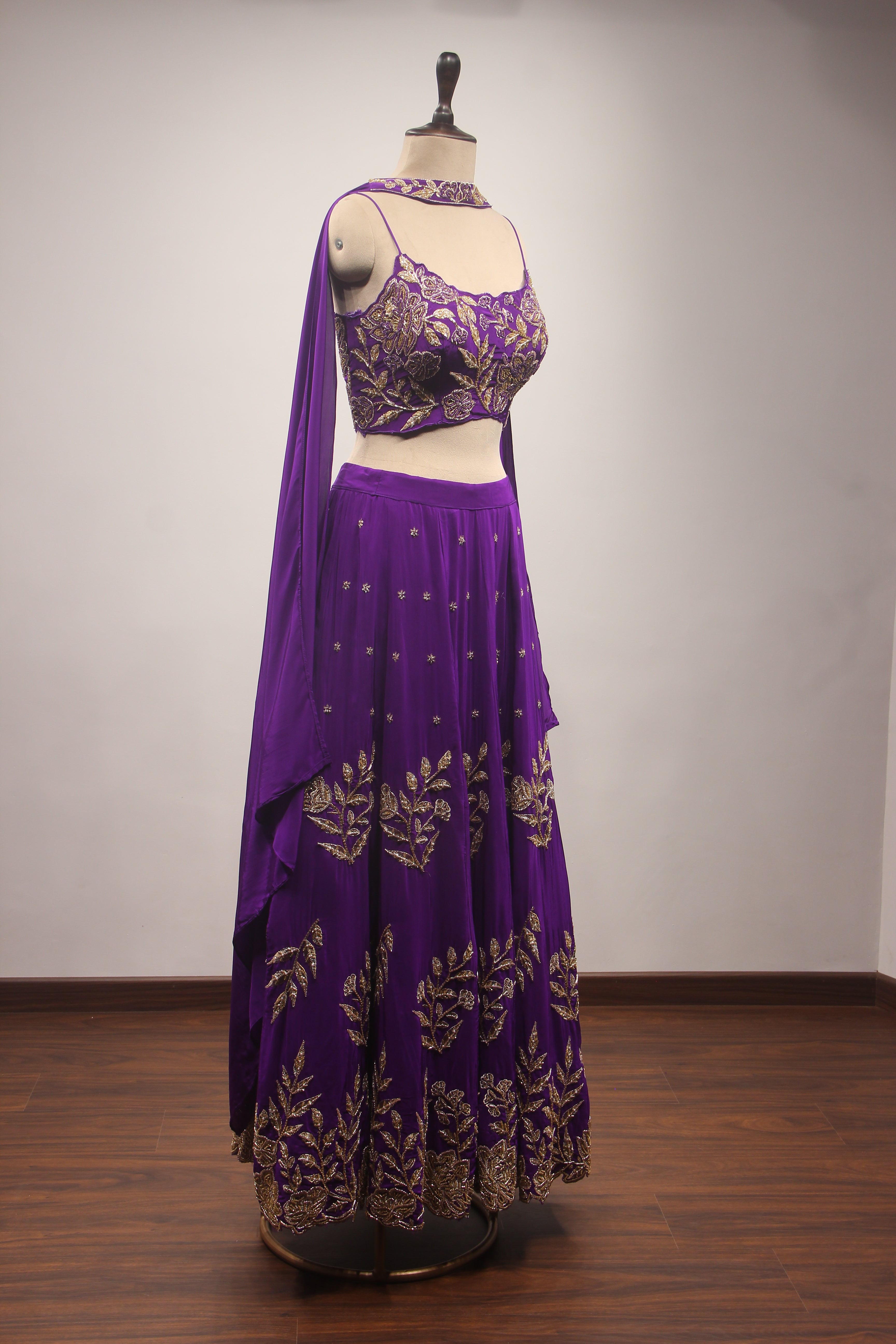 Crepe Lehenga with Zari & Zardozi Handwork Crop Top and Dupatta