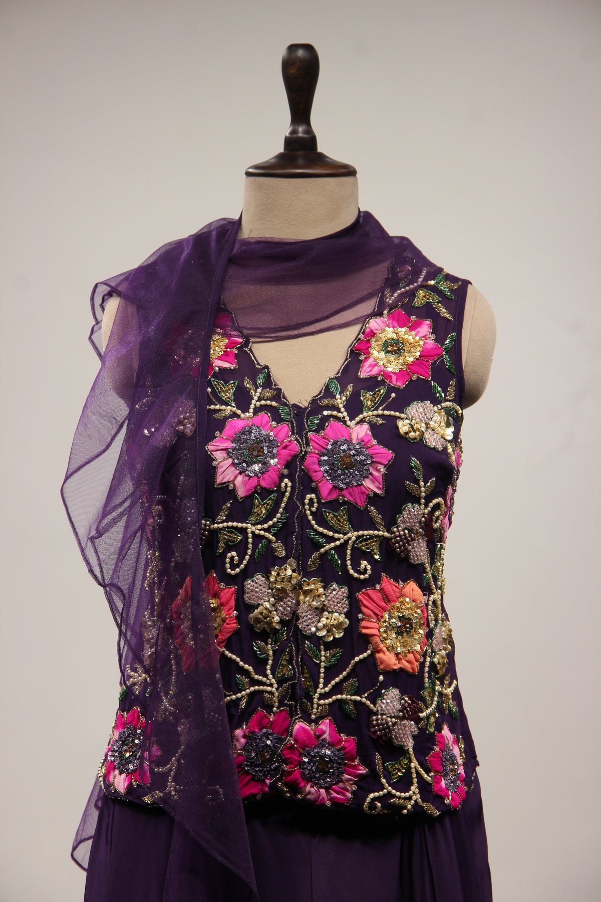 Crepe Appliqué & Bead Handwork Long Top Indo Western Set