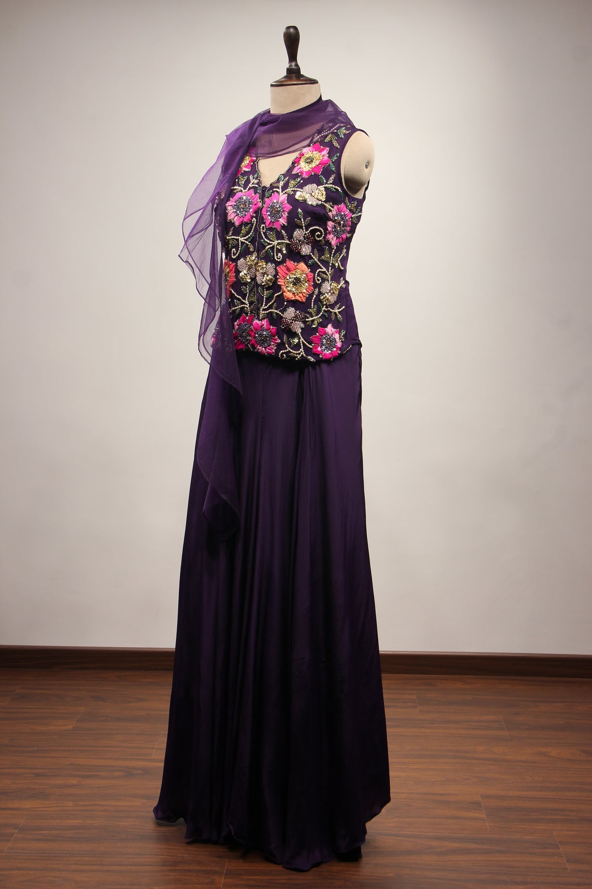 Crepe Appliqué & Bead Handwork Long Top Indo Western Set
