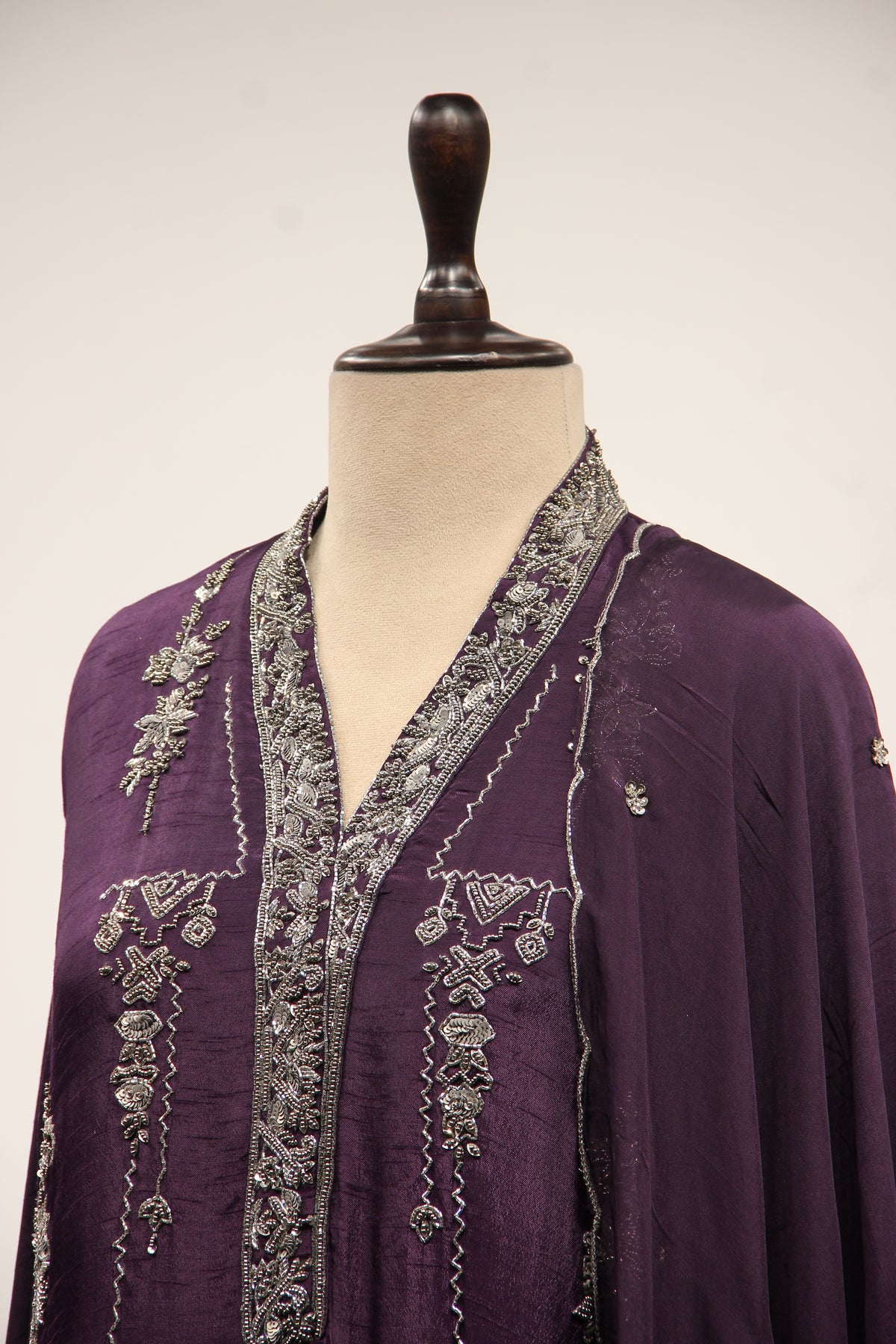 Dupion Full Sleeve Farshi Salwar Suit with Cut Dana & Sequin Handwork in Purple – other side close-up