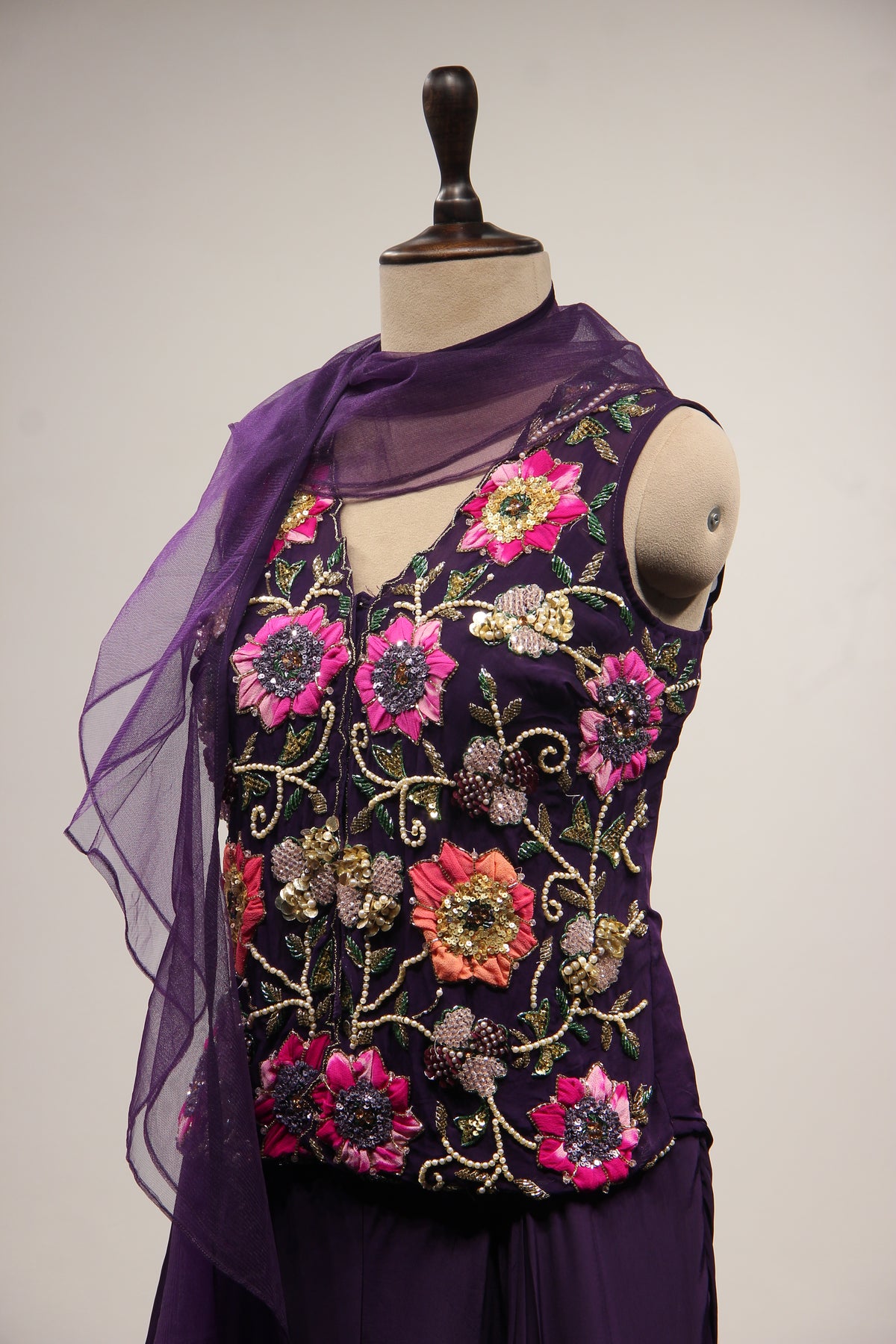 Crepe Appliqué & Bead Handwork Long Top Indo Western Set