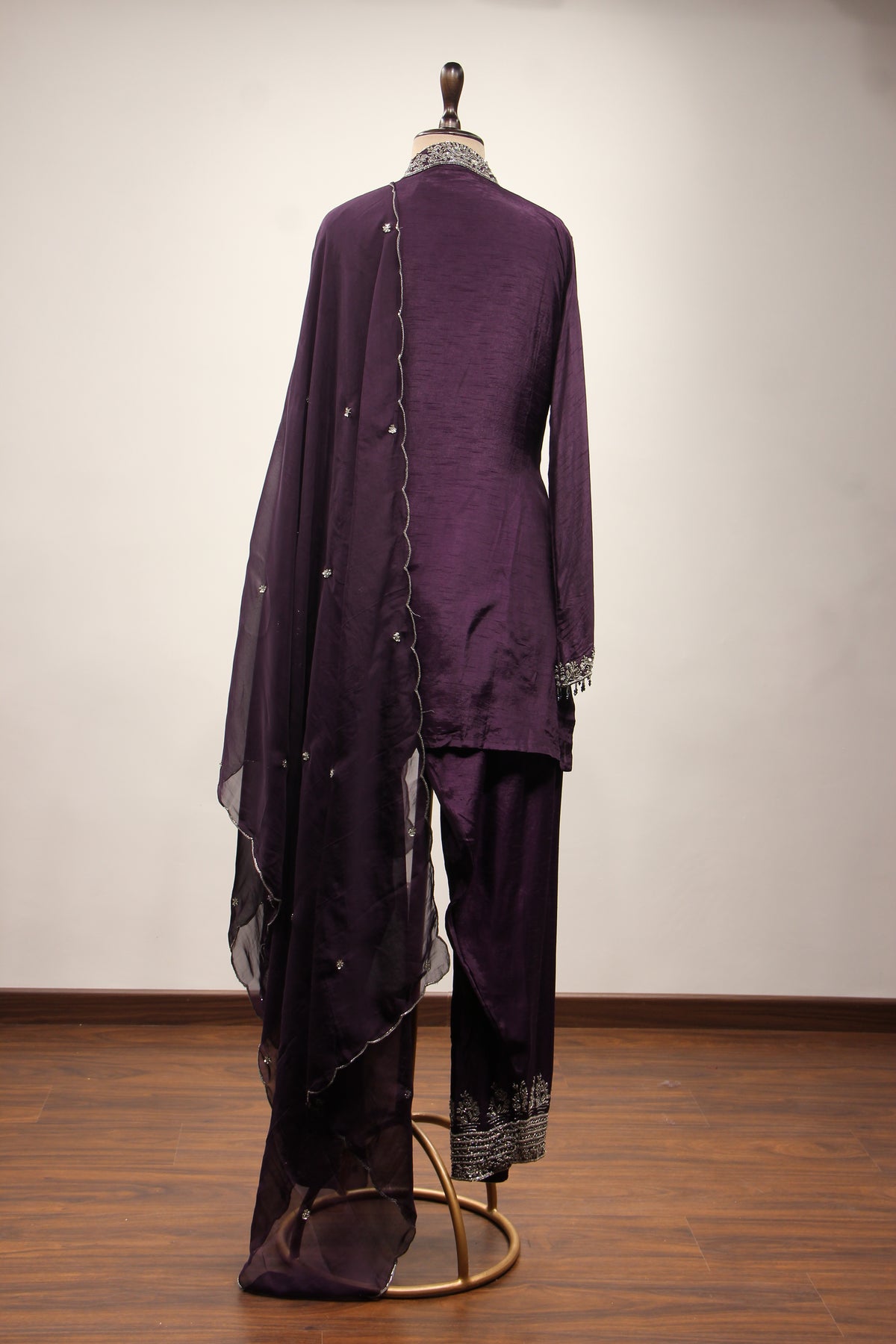 Dupion Full Sleeve Farshi Salwar Suit with Cut Dana & Sequin Handwork in Purple – back view
