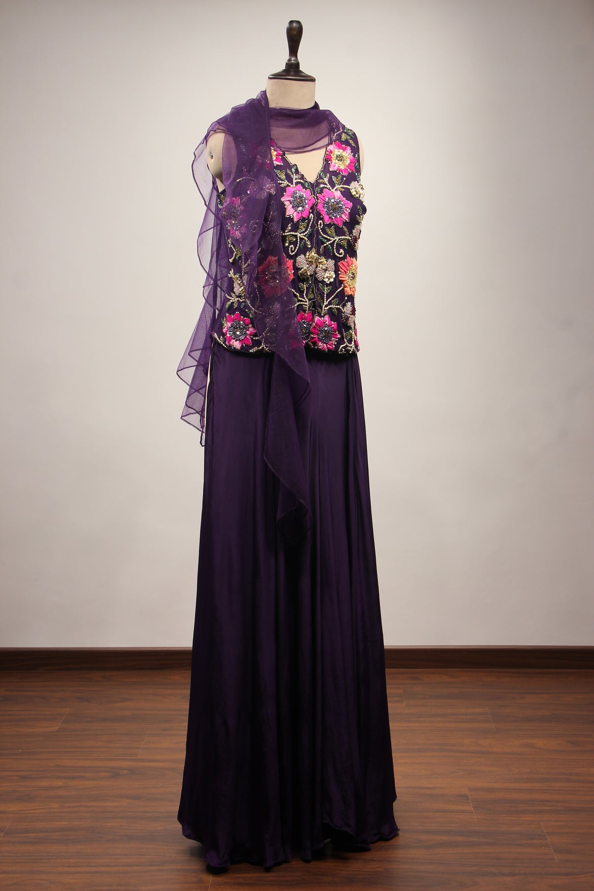 Crepe Appliqué & Bead Handwork Long Top Indo Western Set
