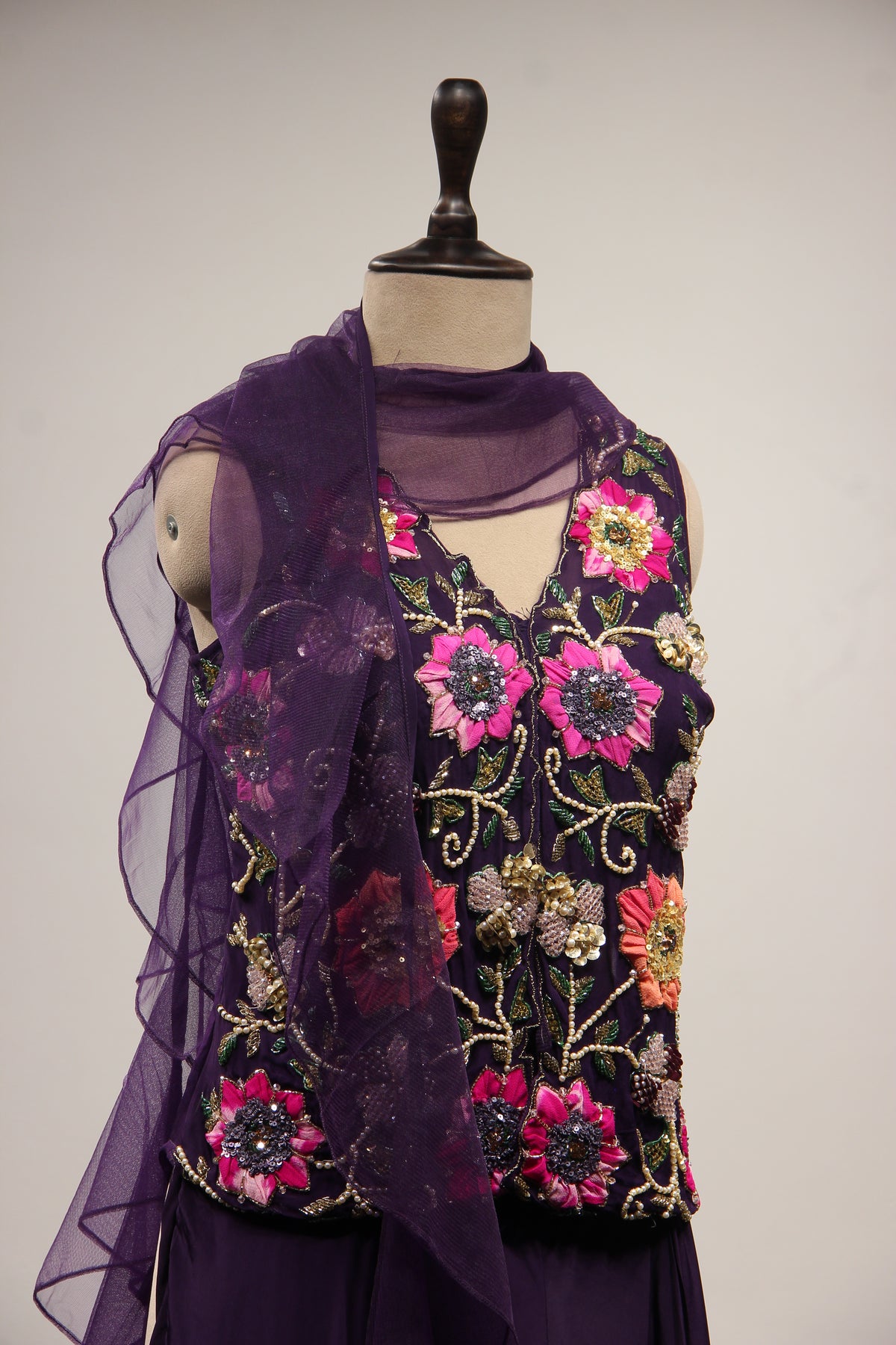 Crepe Appliqué & Bead Handwork Long Top Indo Western Set
